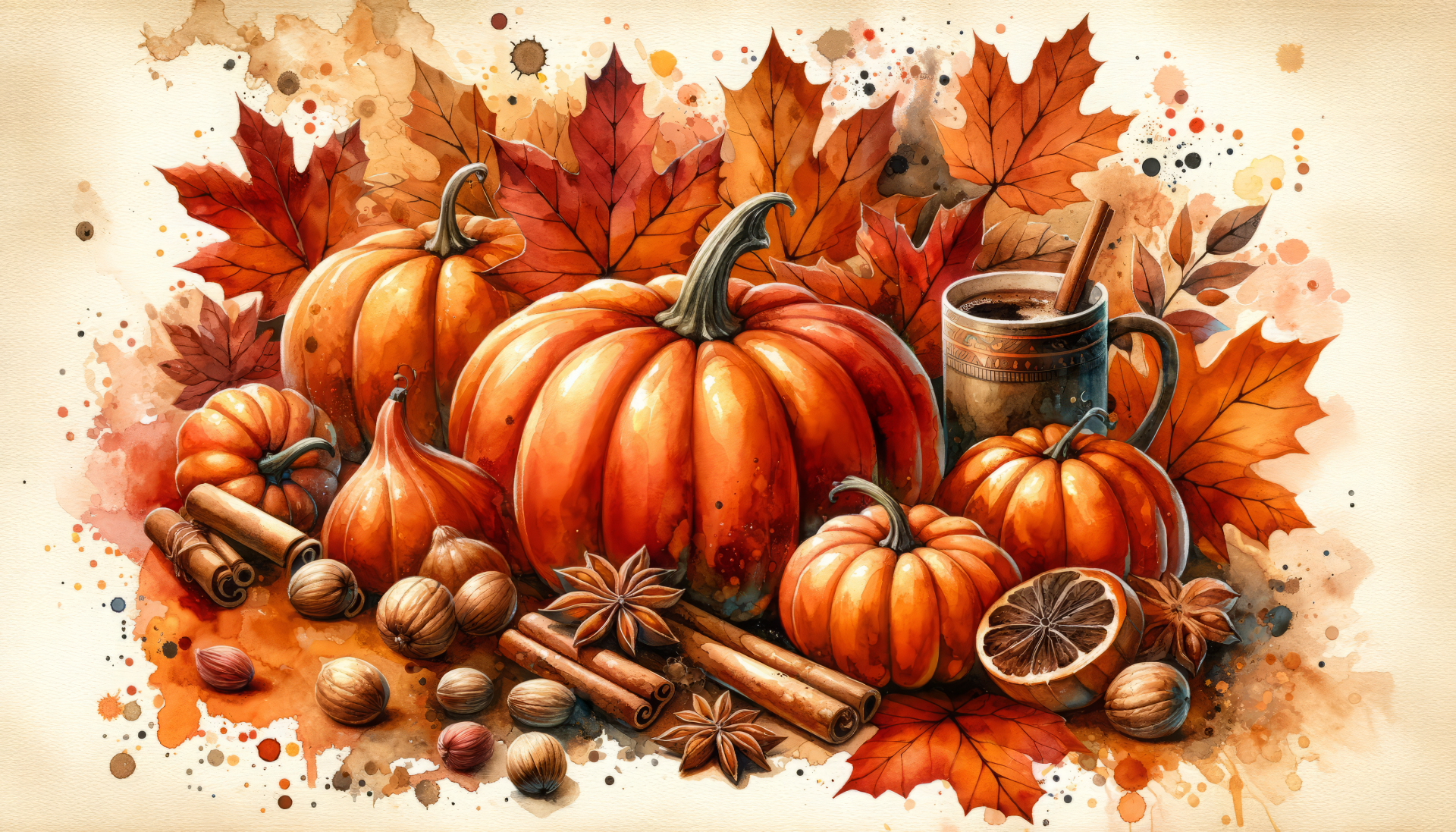 A vibrant HD wallpaper showcasing an assortment of pumpkins, spices, and autumn leaves, capturing the essence of pumpkin spice and the cozy feel of fall.