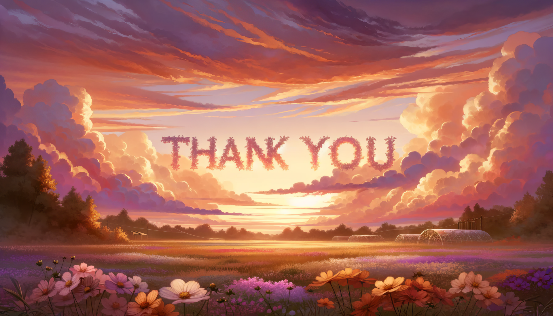 Stunning HD sunset wallpaper with 'Thank You' text in the sky, featuring beautiful flowers and pastoral landscape for desktop background.