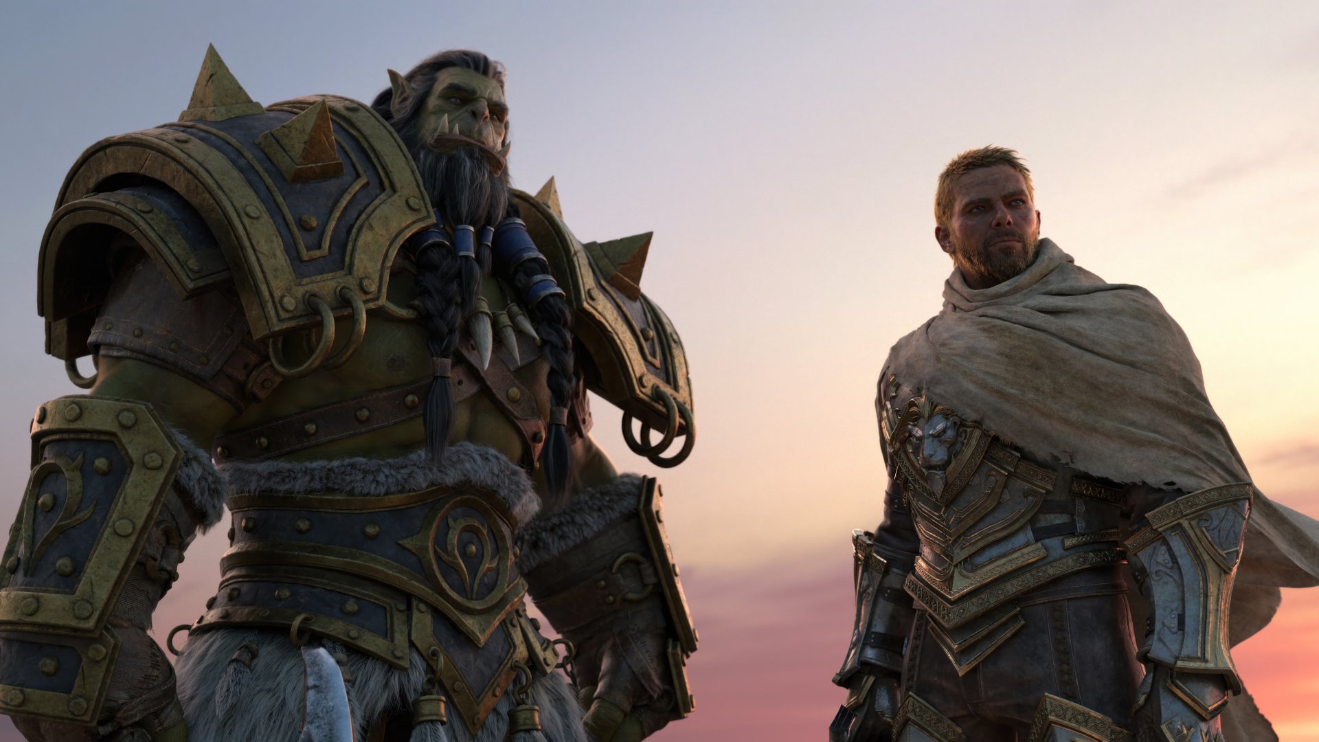 High-definition desktop wallpaper featuring characters Anduin Wrynn and Thrall from World of Warcraft: The War Within, set against a serene twilight sky.