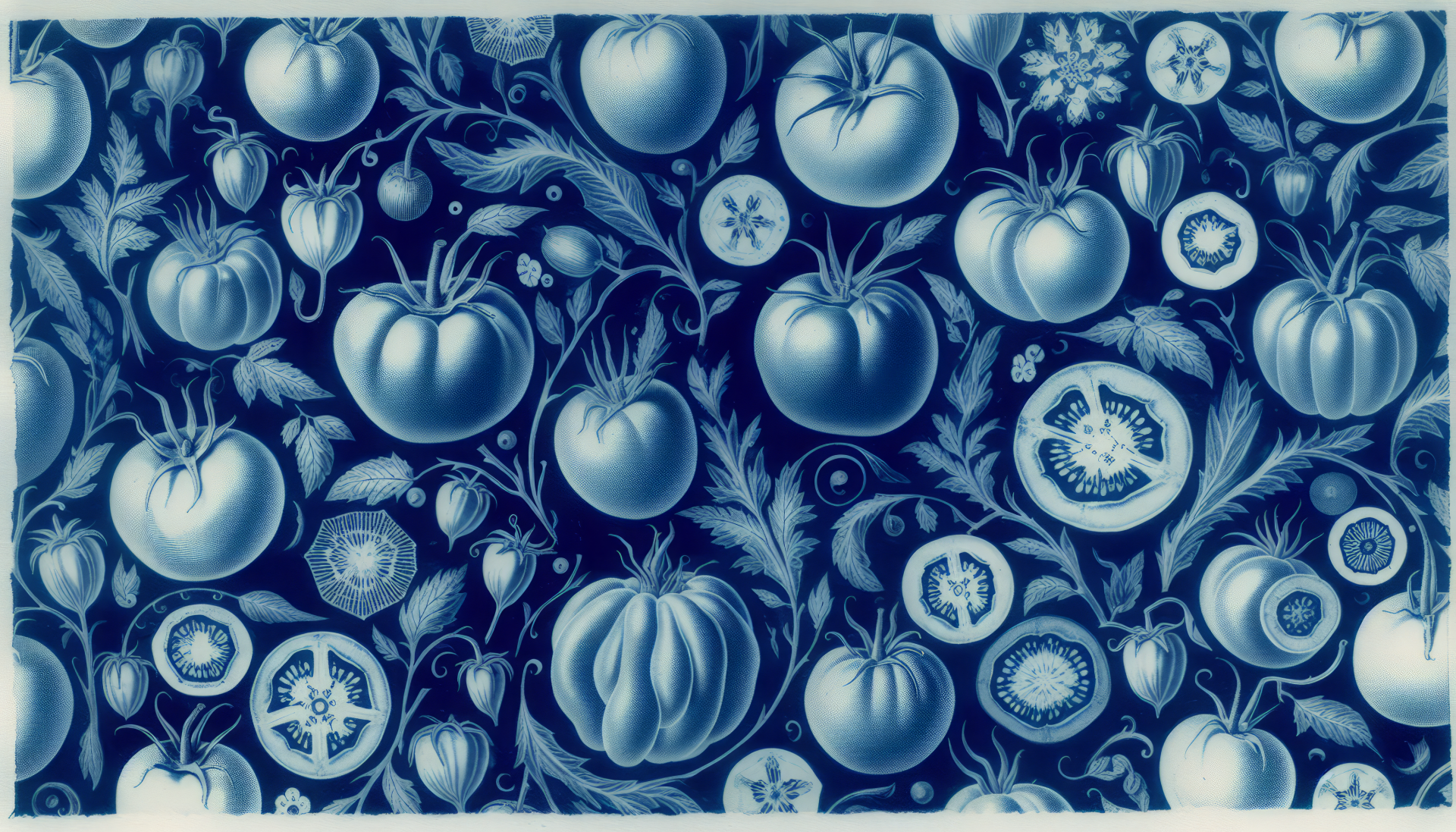A detailed HD wallpaper featuring an artistic arrangement of various tomatoes, set against a deep blue background, showcasing their shapes and textures elegantly.