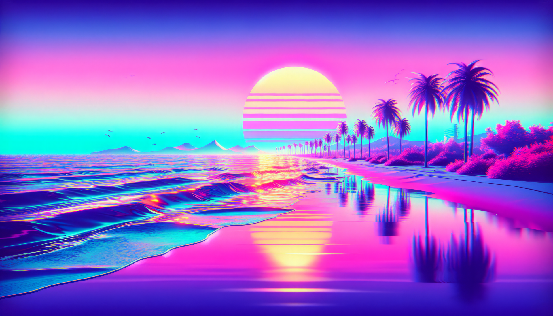 A vibrant vaporwave shoreline featuring a colorful sunset, palm trees, and reflective waves, creating a dreamy atmosphere in this HD desktop wallpaper.