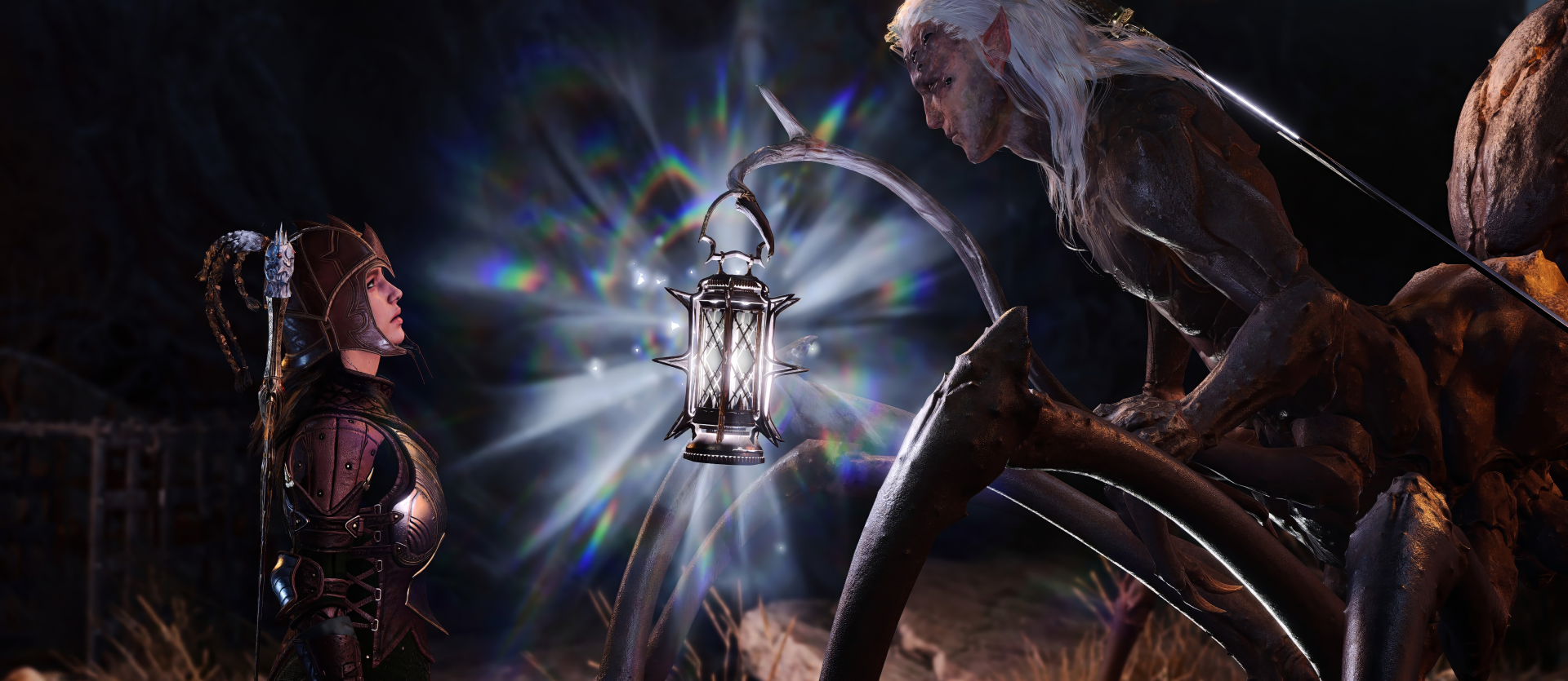 HD wallpaper featuring a mystical encounter between two characters from Baldur's Gate 3, with a magical lantern illuminating a dark fantasy backdrop.