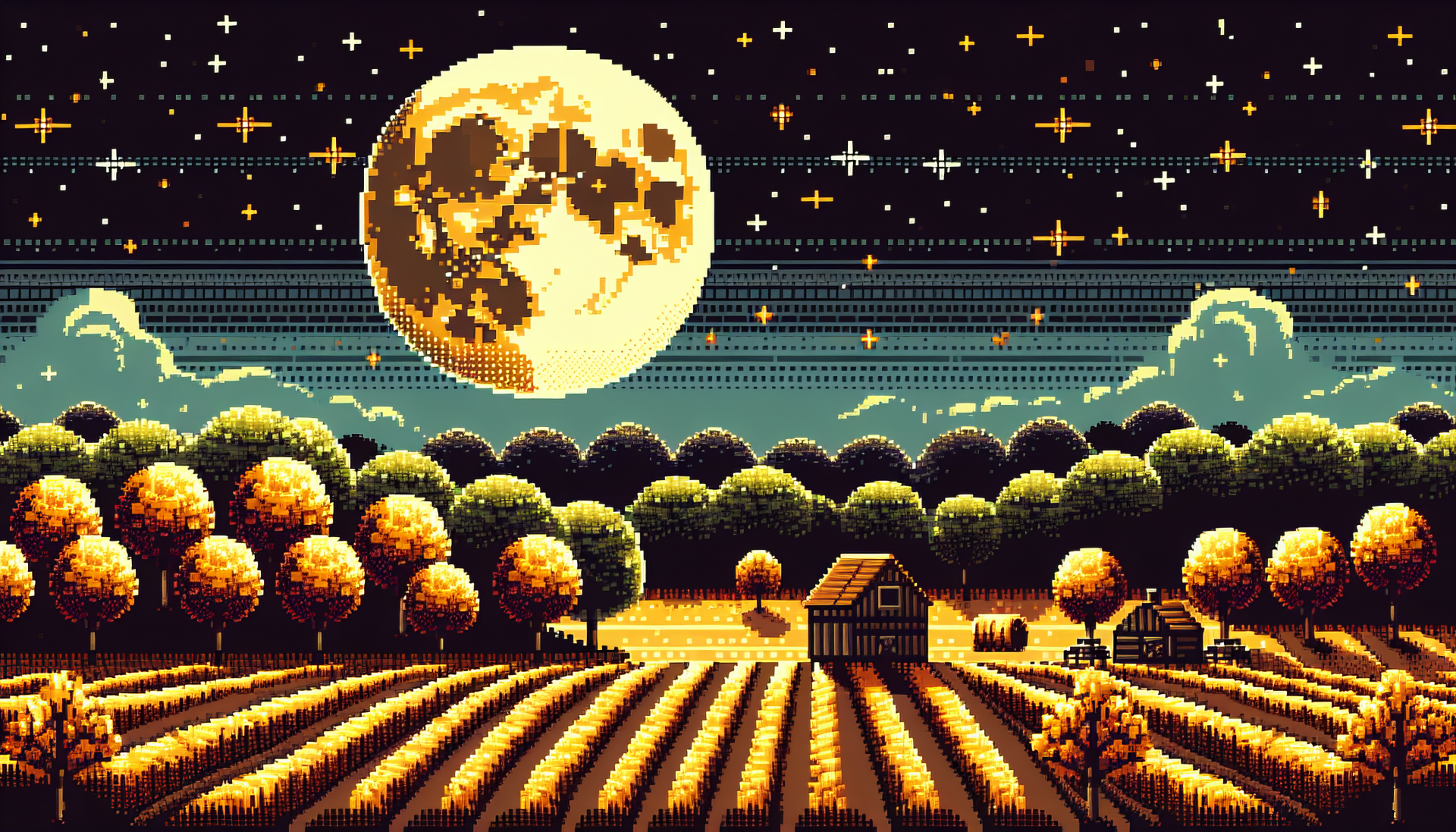 Pixel art HD desktop wallpaper featuring a harvest moon over a pastoral farm scene with fields, a barn, and trees.