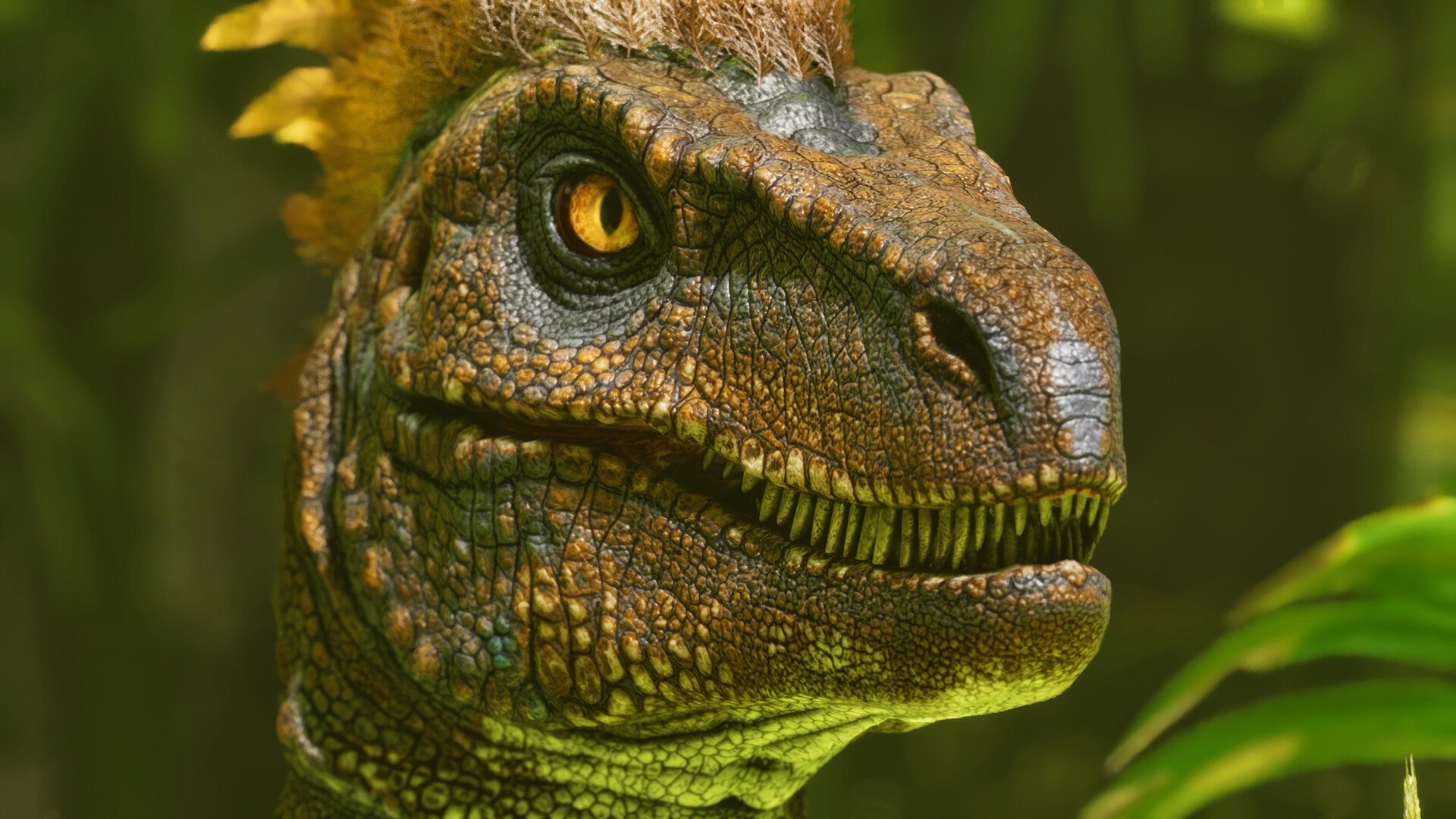 A detailed close-up of a dinosaur from ARK: Survival Ascended, showcasing its textured skin and intense gaze, set against a lush green backdrop. An engaging HD desktop wallpaper.