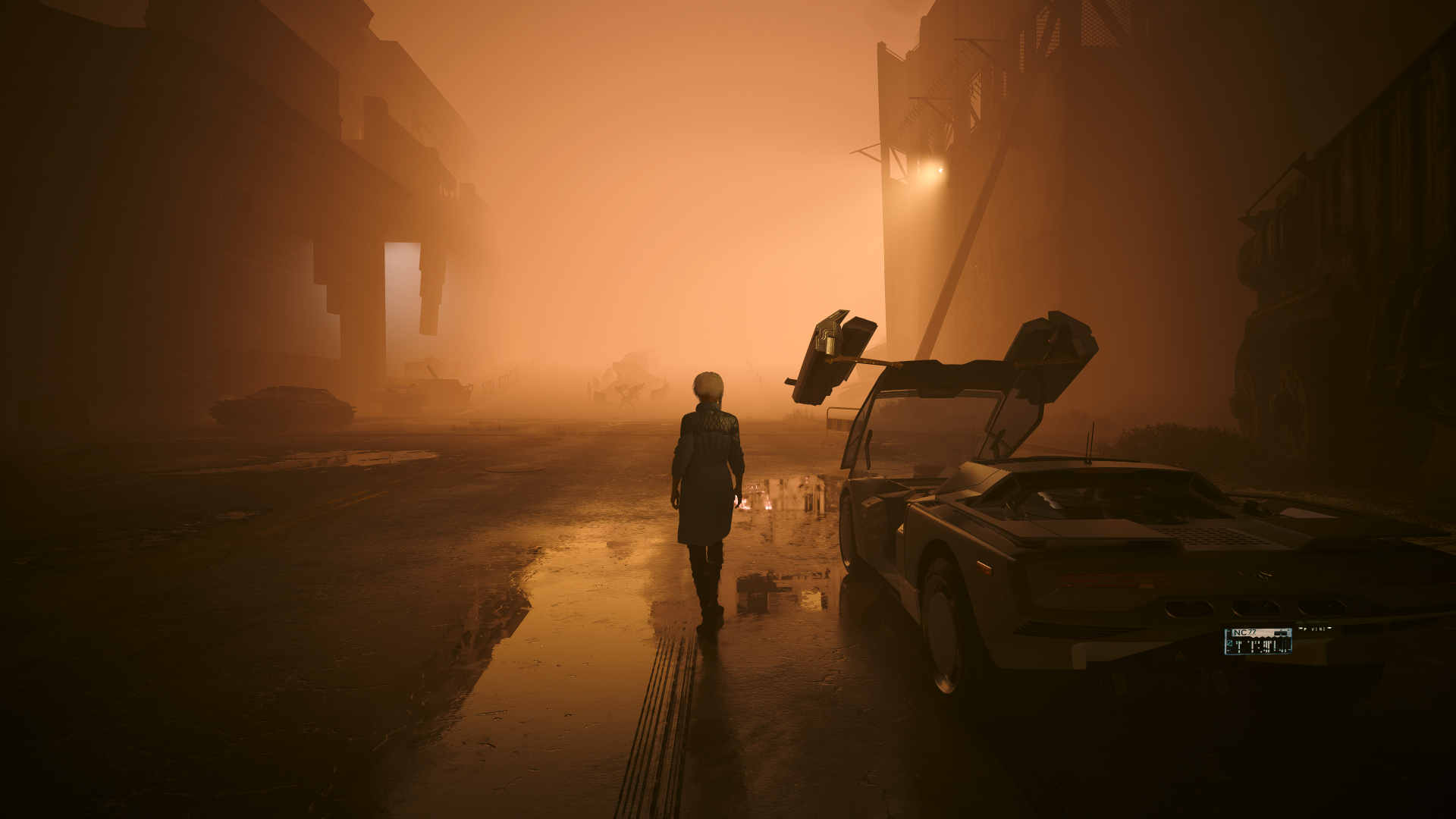 Foggy orange Dogtown street in Cyberpunk 2077: Phantom Liberty photo mode, lone silhouette beside a futuristic car in a Blade Runner 2049–style city, HD PC wallpaper