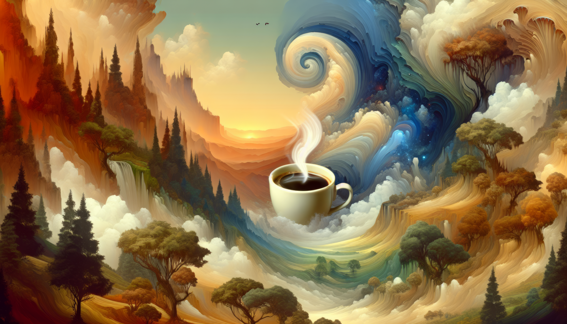 A serene HD desktop wallpaper featuring a steaming cup of coffee at the center, surrounded by a vibrant landscape of swirling colors and tranquil forests.