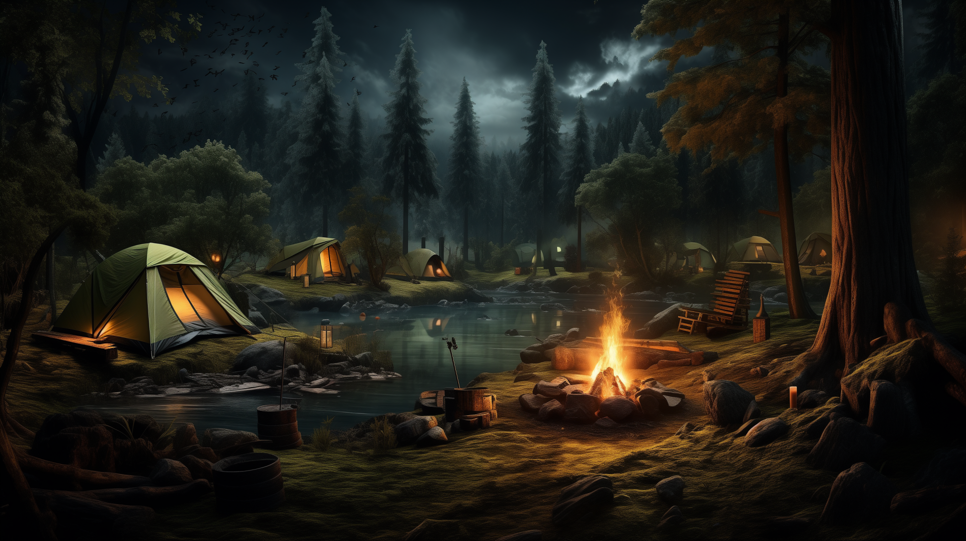 A serene forest scene features a glowing bonfire surrounded by tents, reflecting a peaceful camping atmosphere. This high-definition image makes a captivating desktop wallpaper.