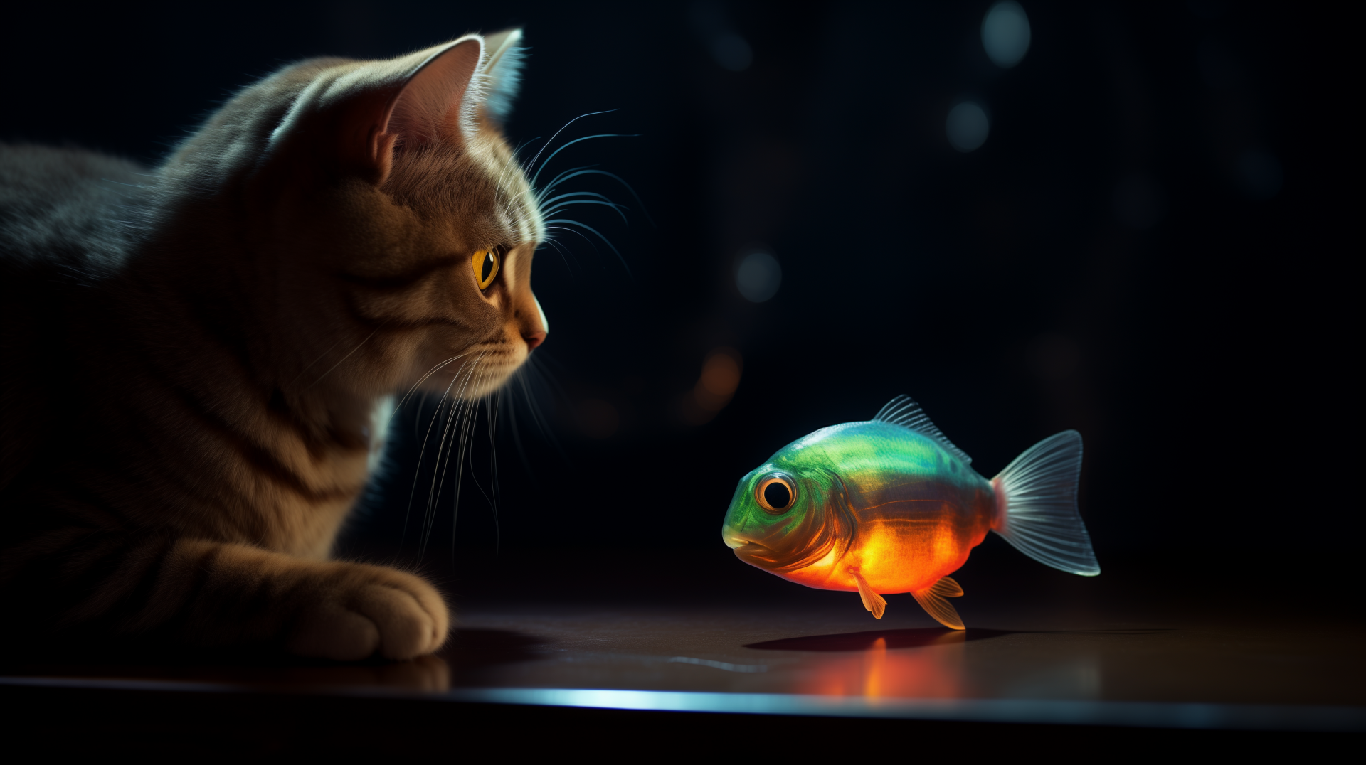A detailed AI-generated HD desktop wallpaper featuring a cat intently watching a glowing fish in a dark, softly lit setting.