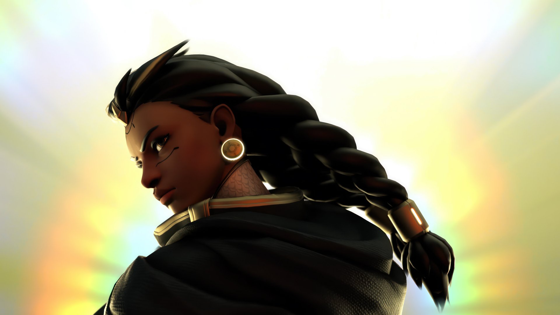 HD desktop wallpaper featuring Illari from Overwatch 2 against a radiant sunlit backdrop.