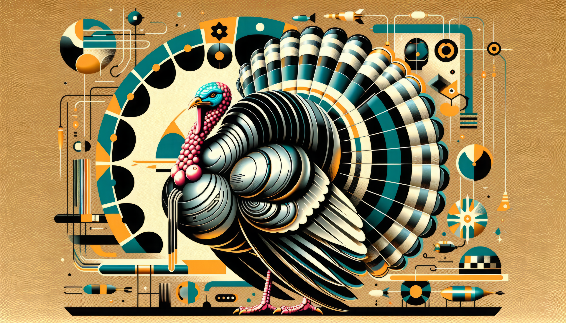 HD Desktop Wallpaper featuring a stylized artistic illustration of a turkey with geometric patterns and vibrant retro-futuristic design elements.