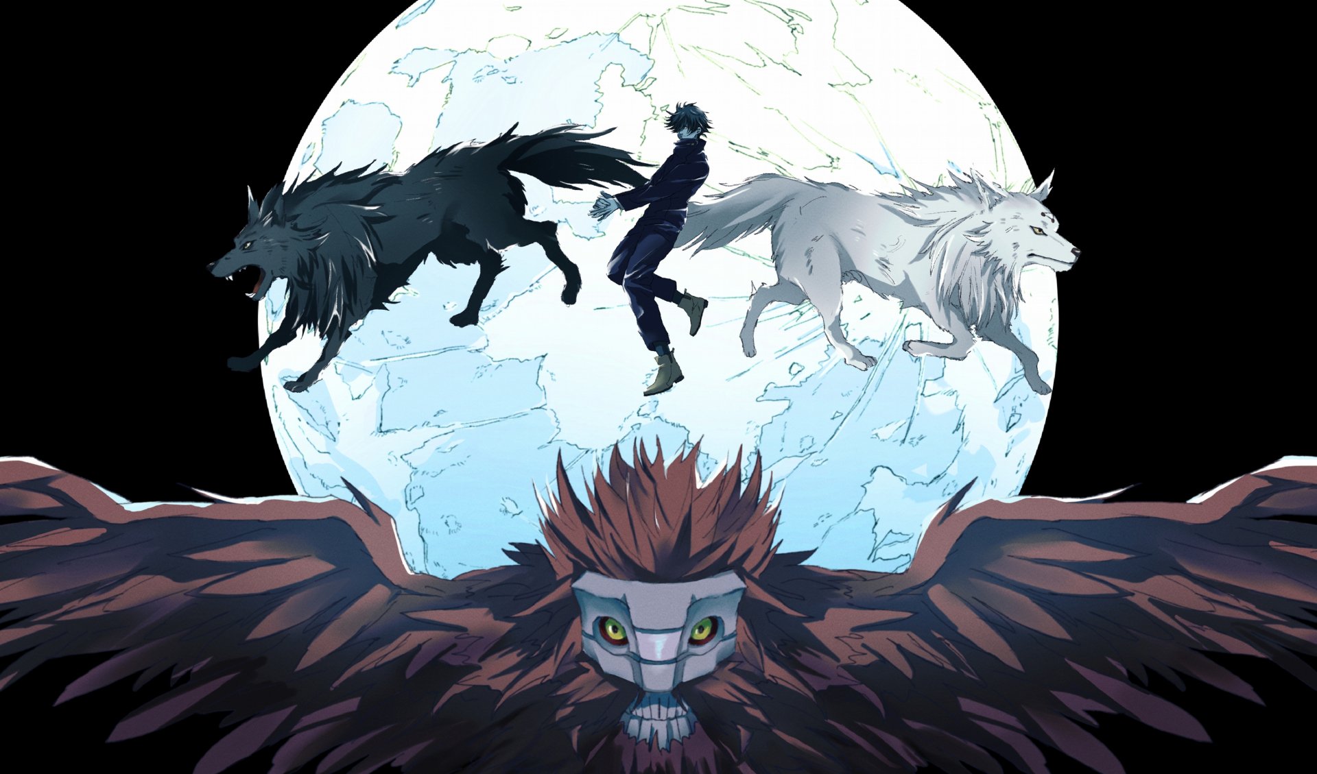 4K Ultra HD anime wallpaper featuring Megumi Fushiguro from Jujutsu Kaisen with shadowy wolves and a large full moon in the background.