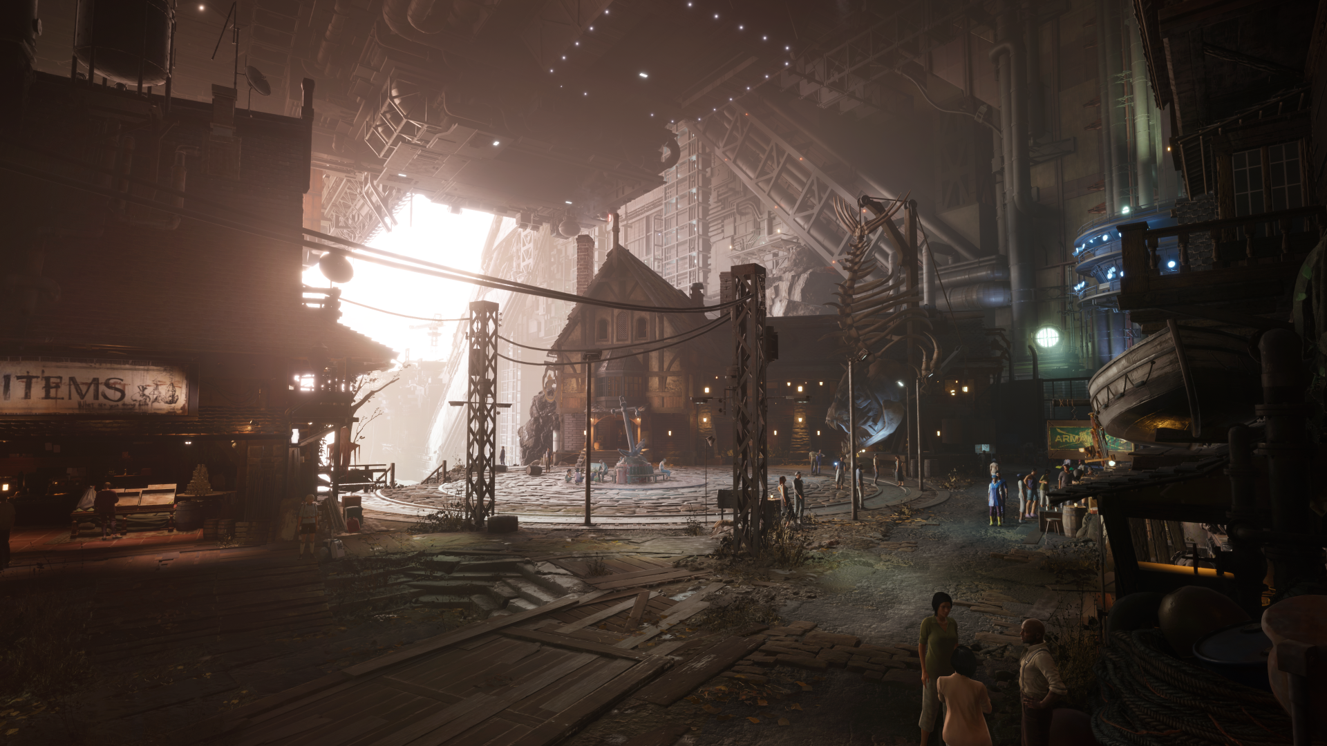 HD wallpaper featuring a detailed scene from Final Fantasy VII Rebirth with moody lighting and expansive cityscape for desktop background.