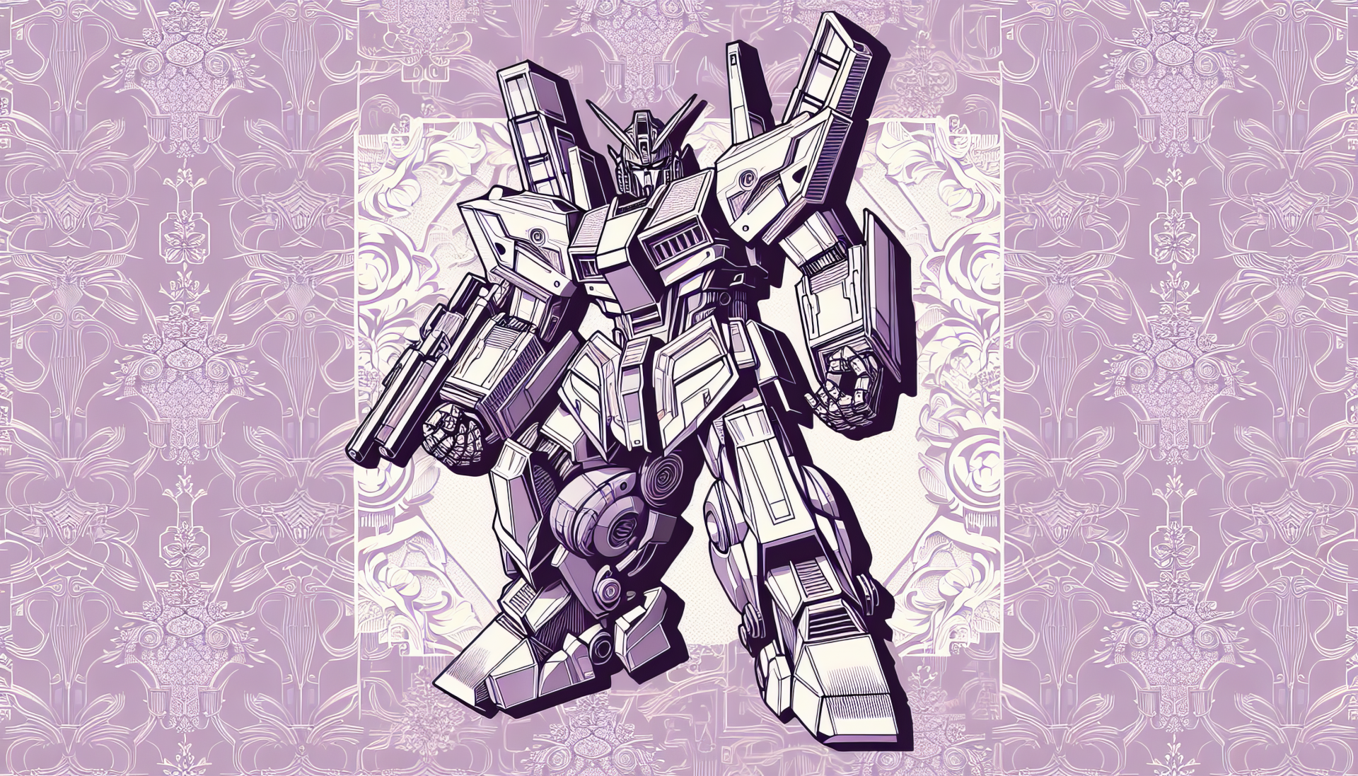 HD wallpaper featuring stylized robot illustration on purple patterned background.