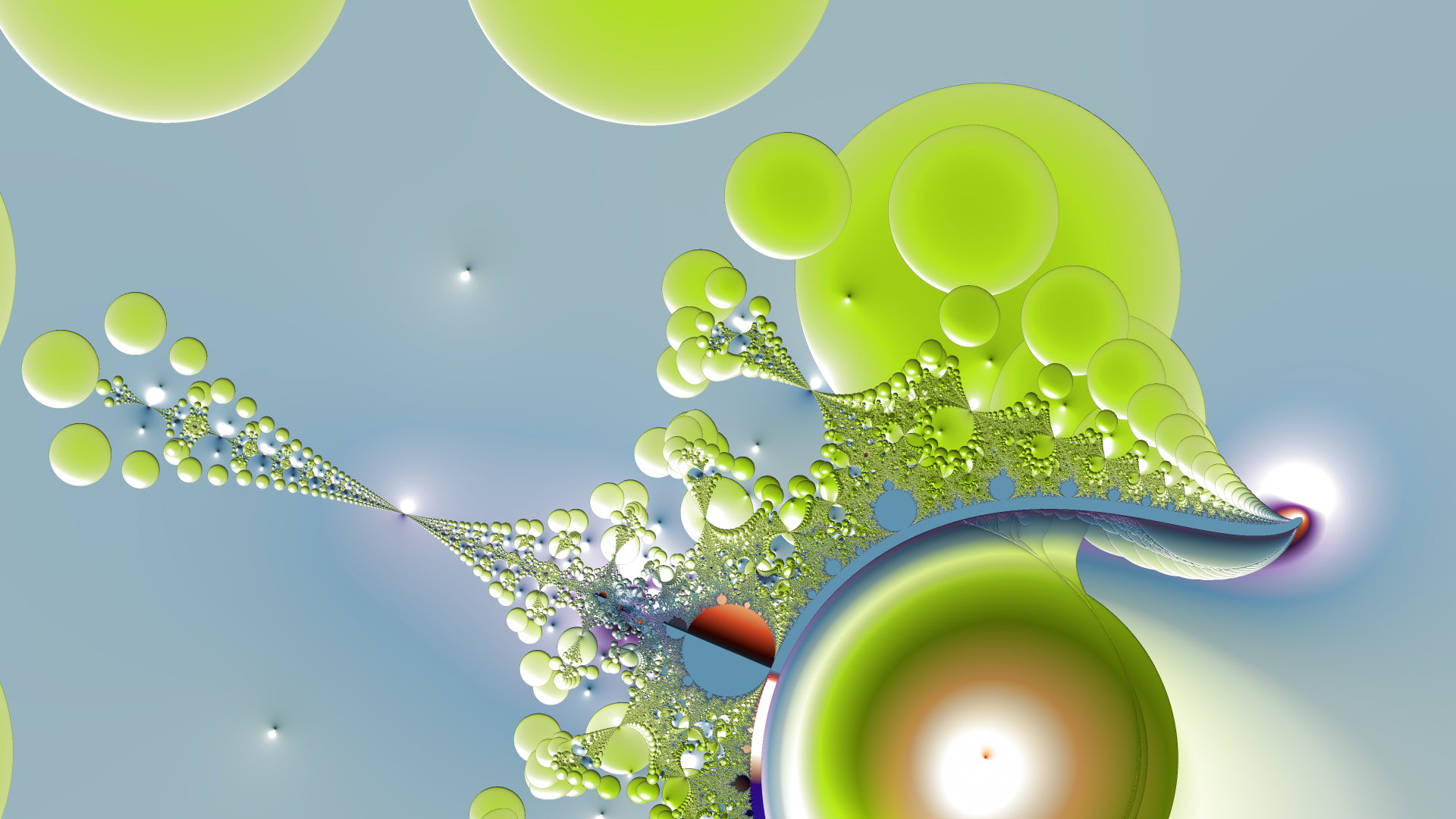 Trippy psychedelic aesthetic abstract fractal: 4K Ultra HD desktop wallpaper of glossy lime-green bubble spheres and delicate branching fractal tendrils on a soft blue field.
