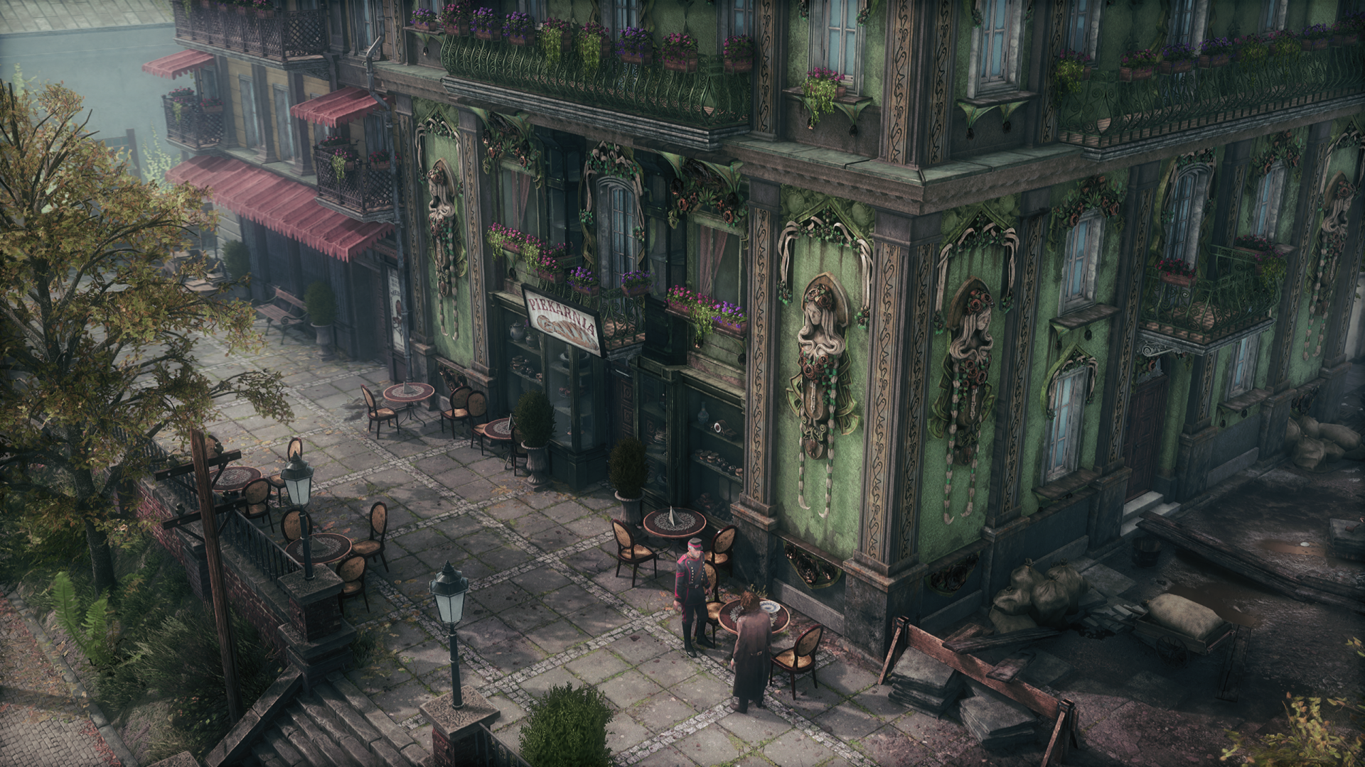 Mystical 'The Thaumaturge' HD wallpaper featuring an atmospheric urban scene with old-world architecture, street cafés, and lush greenery for a captivating desktop background.