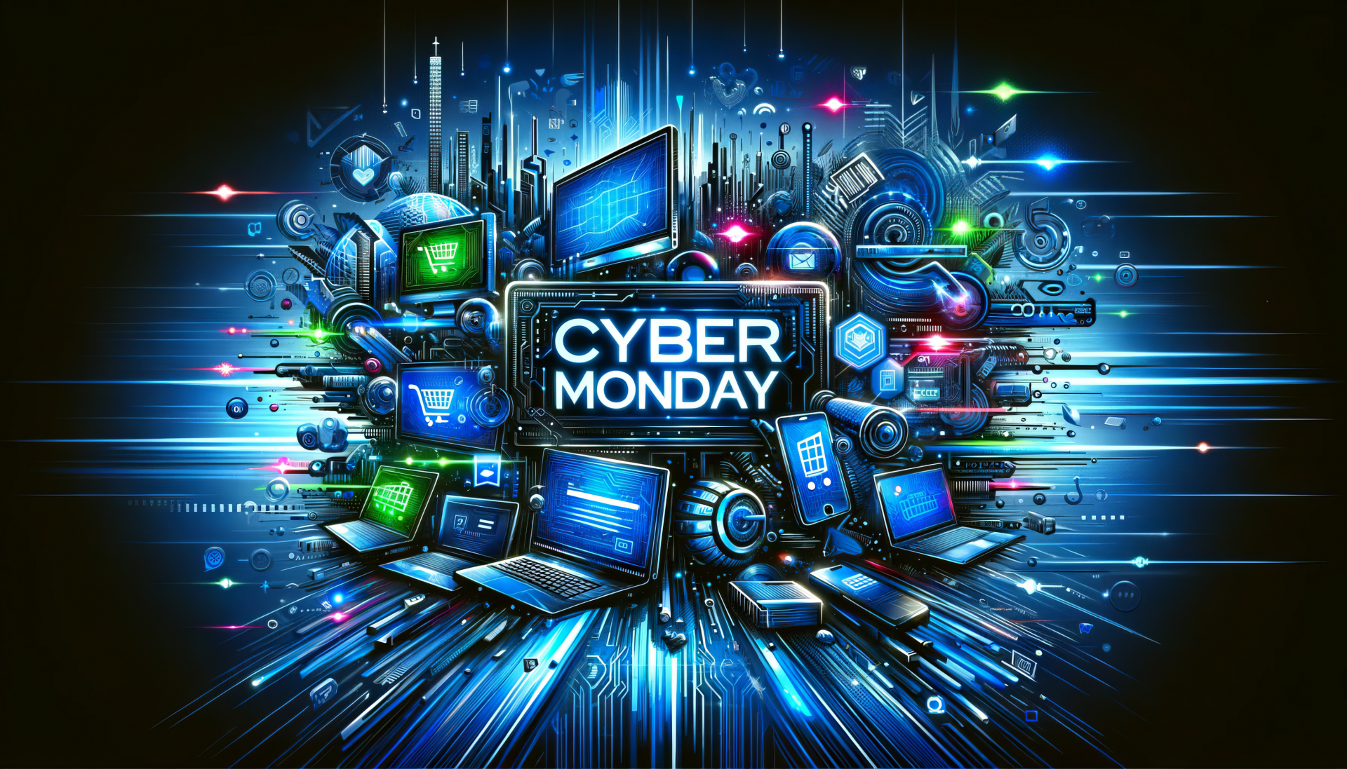 Cyber Monday themed HD desktop wallpaper featuring vibrant digital graphics with electronic devices and glowing lights.