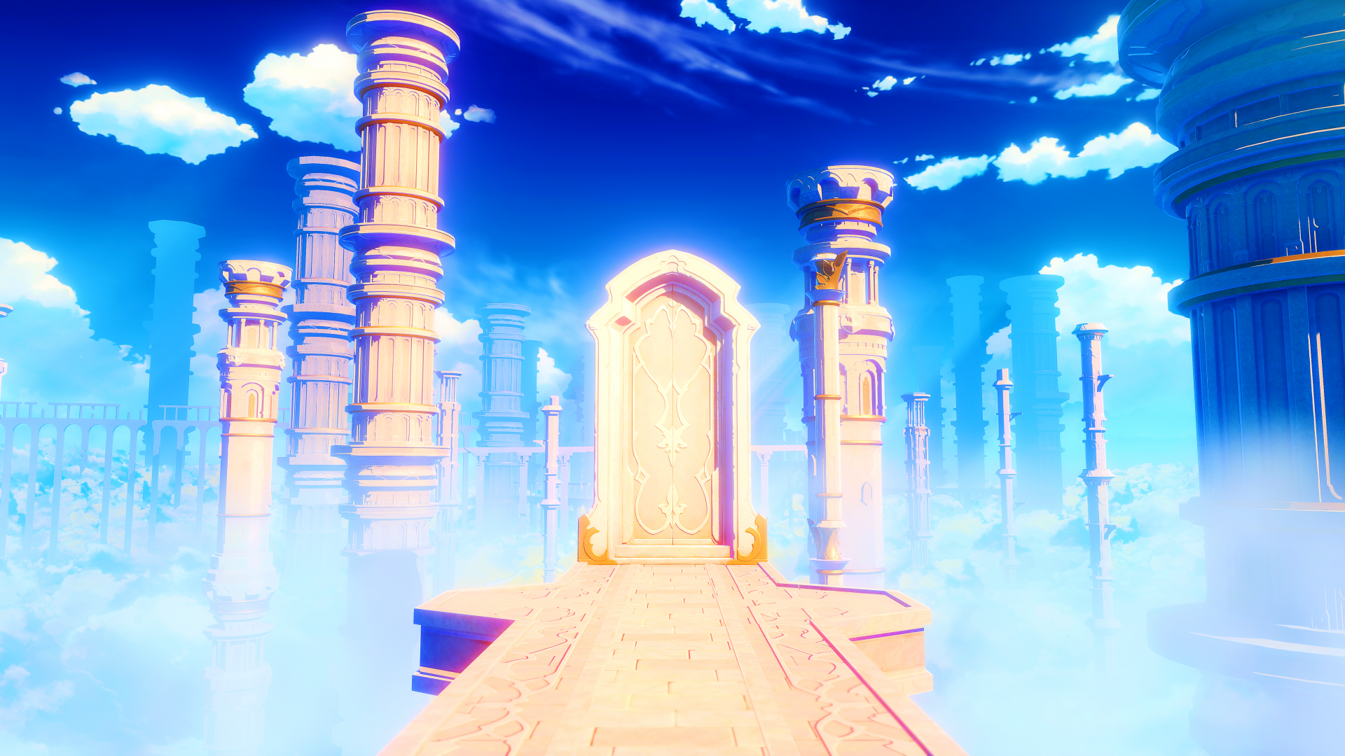 A 4K Ultra HD Genshin Impact wallpaper depicting a bright, ethereal landscape with tall stone pillars and a glowing doorway suspended above the clouds.