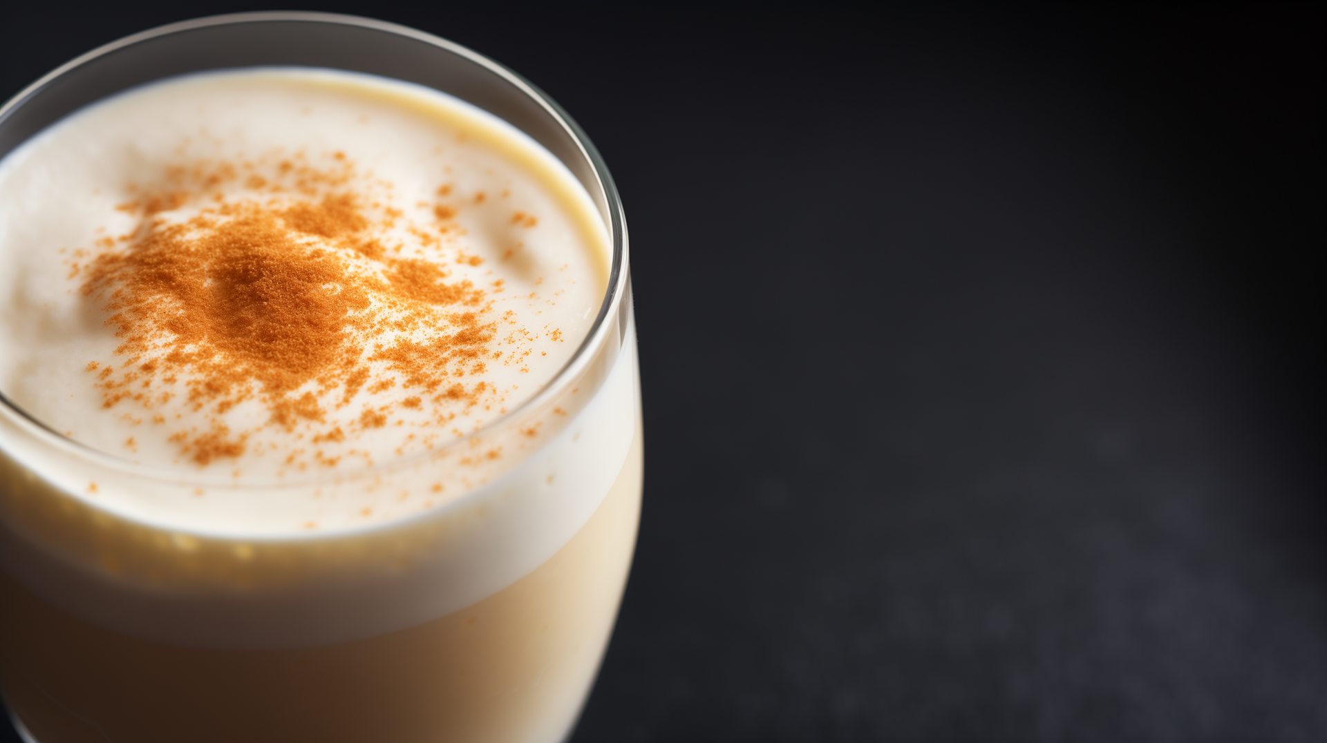 A close-up of a glass of creamy eggnog topped with a sprinkle of nutmeg, set against a dark background. This HD image makes a striking desktop wallpaper.