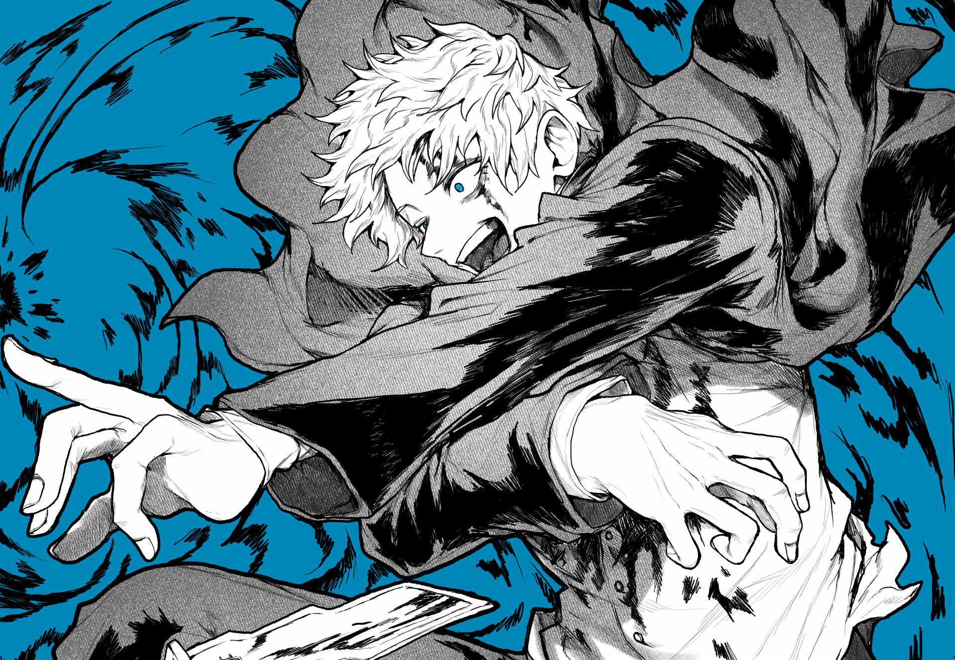 HD desktop wallpaper featuring Satoru Gojo from the anime Jujutsu Kaisen in a dynamic black and white action pose against a vibrant blue background.