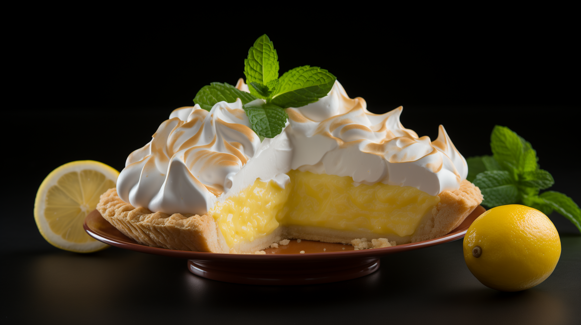 HD wallpaper of a delectable lemon pie topped with meringue, accompanied by fresh lemons and mint on a dark background.