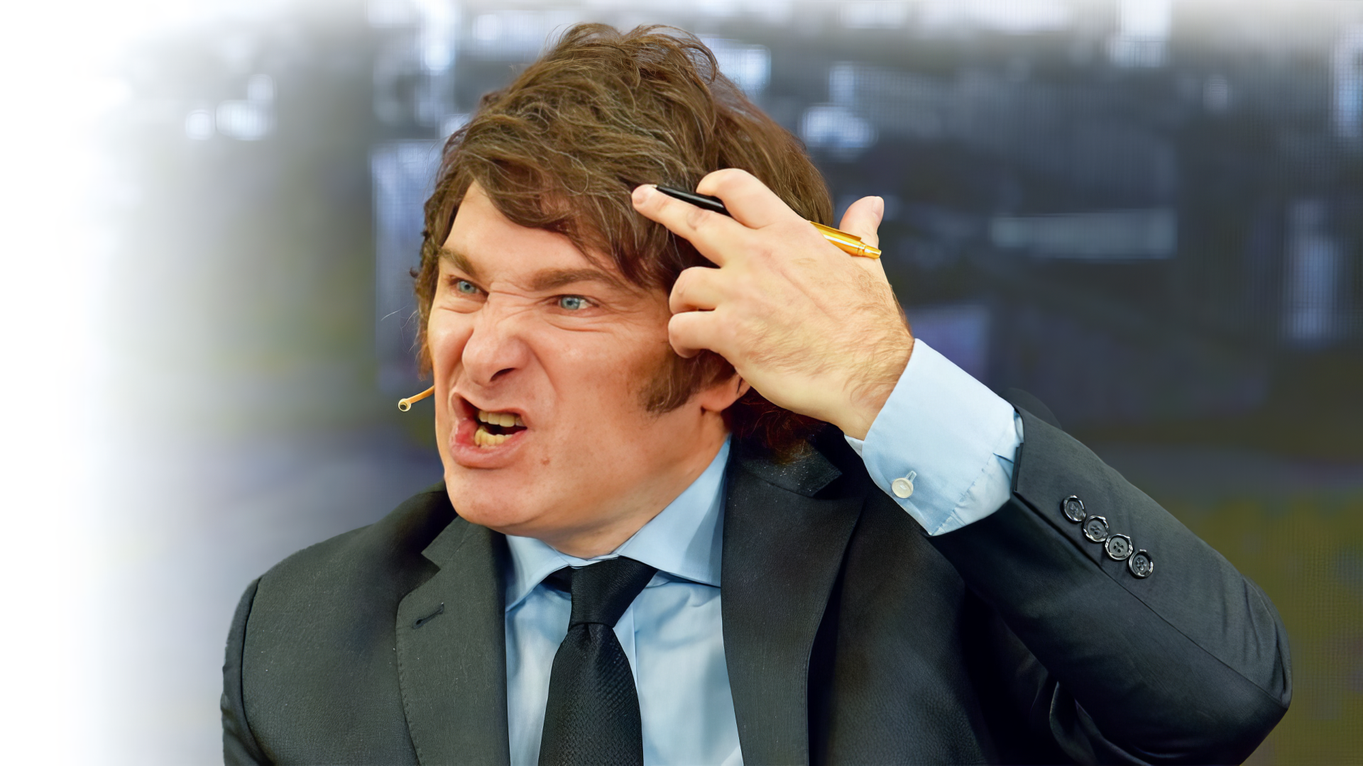 Animated character resembling a public figure in a suit, making a hand gesture near the head, set as a high-definition desktop wallpaper and background.