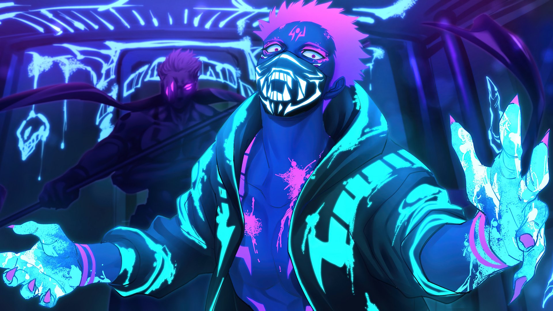 Sukuna character from Jujutsu Kaisen anime, featured in an HD desktop wallpaper with vibrant blue and purple hues.