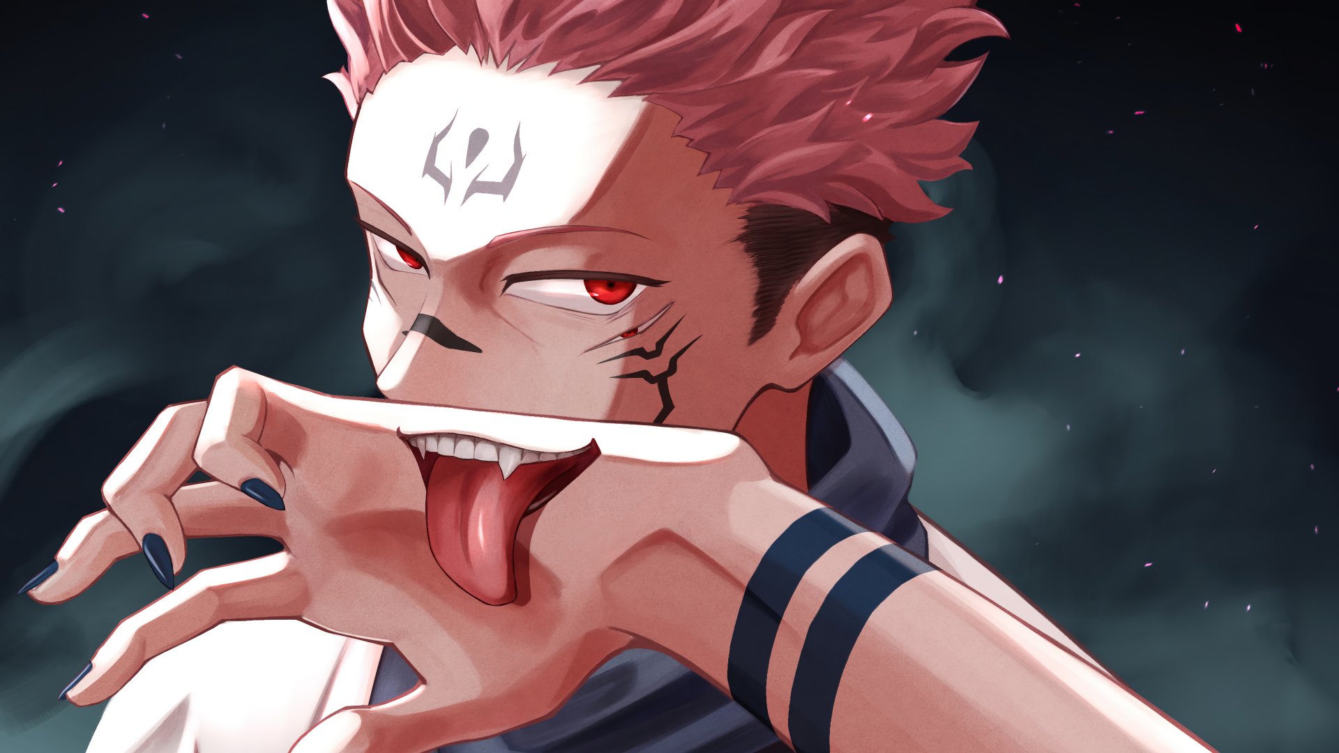 HD desktop wallpaper featuring Sukuna from Jujutsu Kaisen with a menacing expression on a dark background.