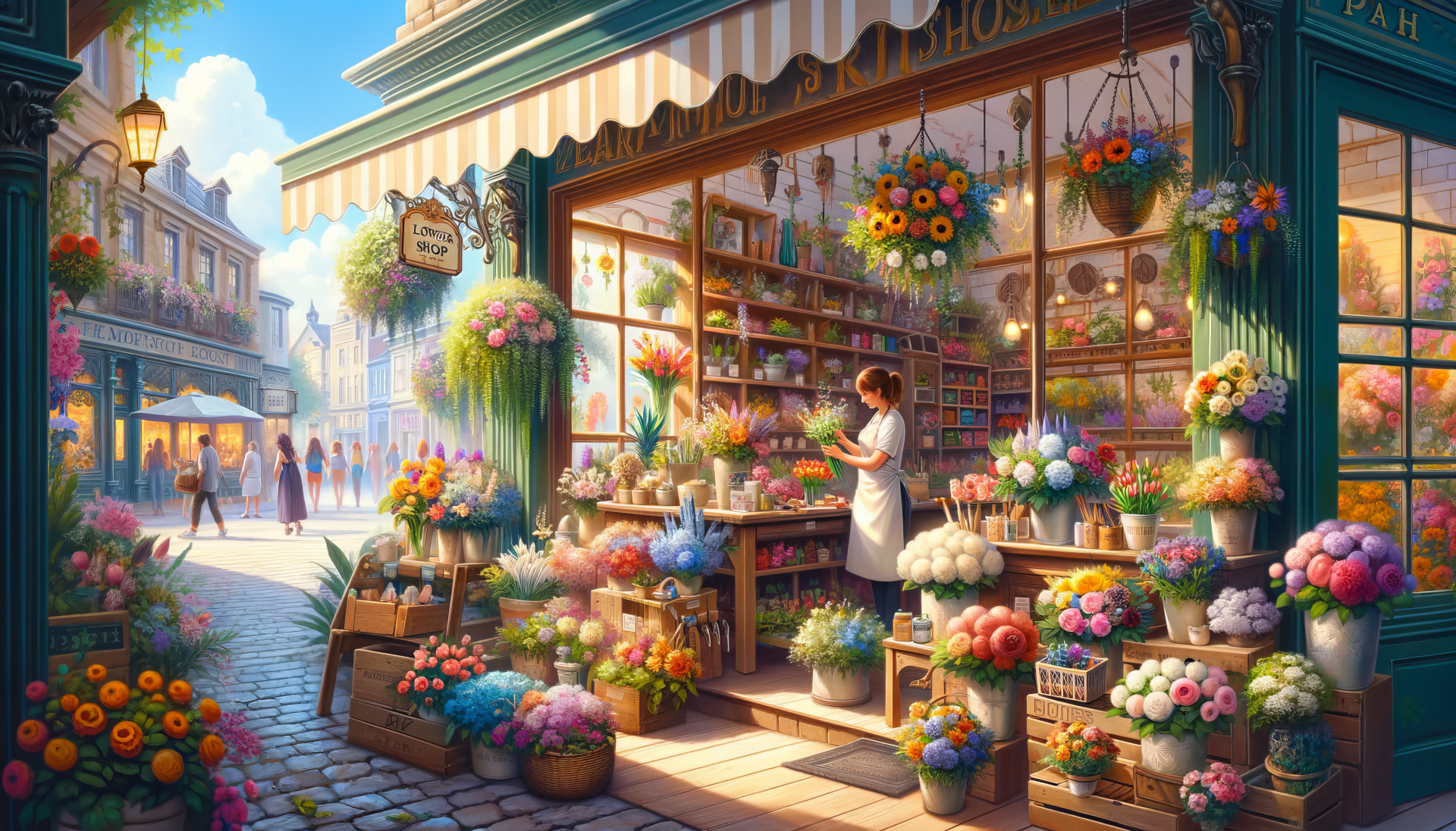 A charming flower shop adorned with vibrant blooms and hanging plants, featuring a florist at work, set in a picturesque street. An inviting HD desktop wallpaper.