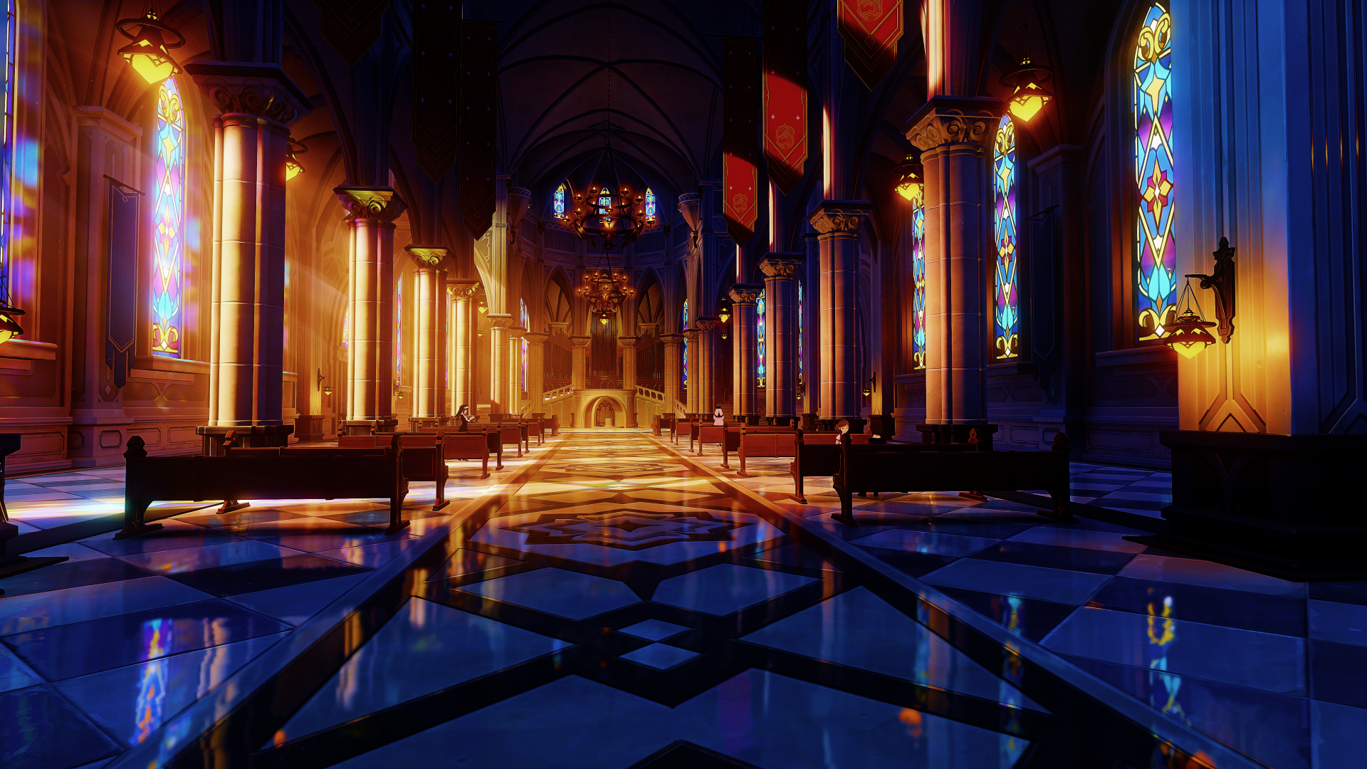 4K Ultra HD PC desktop wallpaper featuring a grand, illuminated cathedral interior from the video game Genshin Impact, showcasing vibrant stained glass windows and reflective floors.