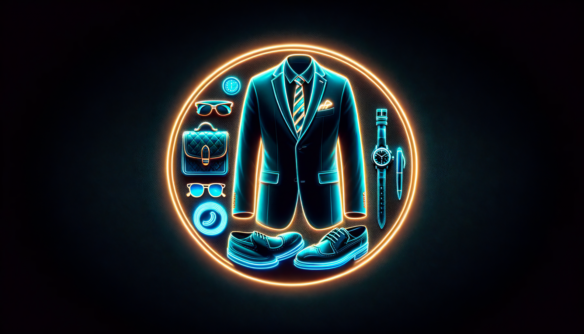 A stylish preppy-themed HD desktop wallpaper featuring a sleek blazer, shoes, accessories, and a watch, all illuminated in glowing neon outlines against a dark background.