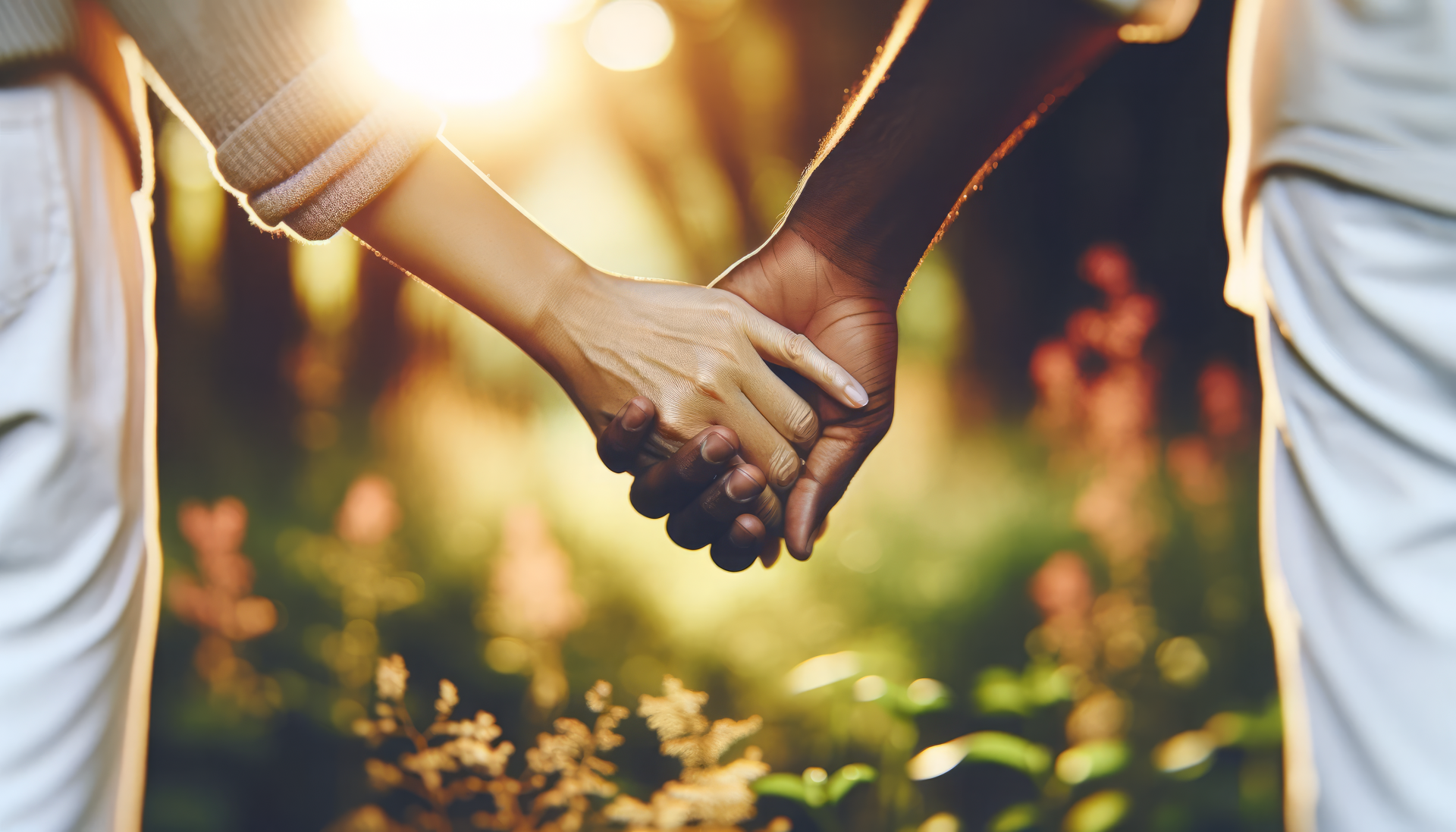 Two people holding hands in a sunlit garden, captured in a high-definition desktop wallpaper with a focus on connection and natural beauty.
