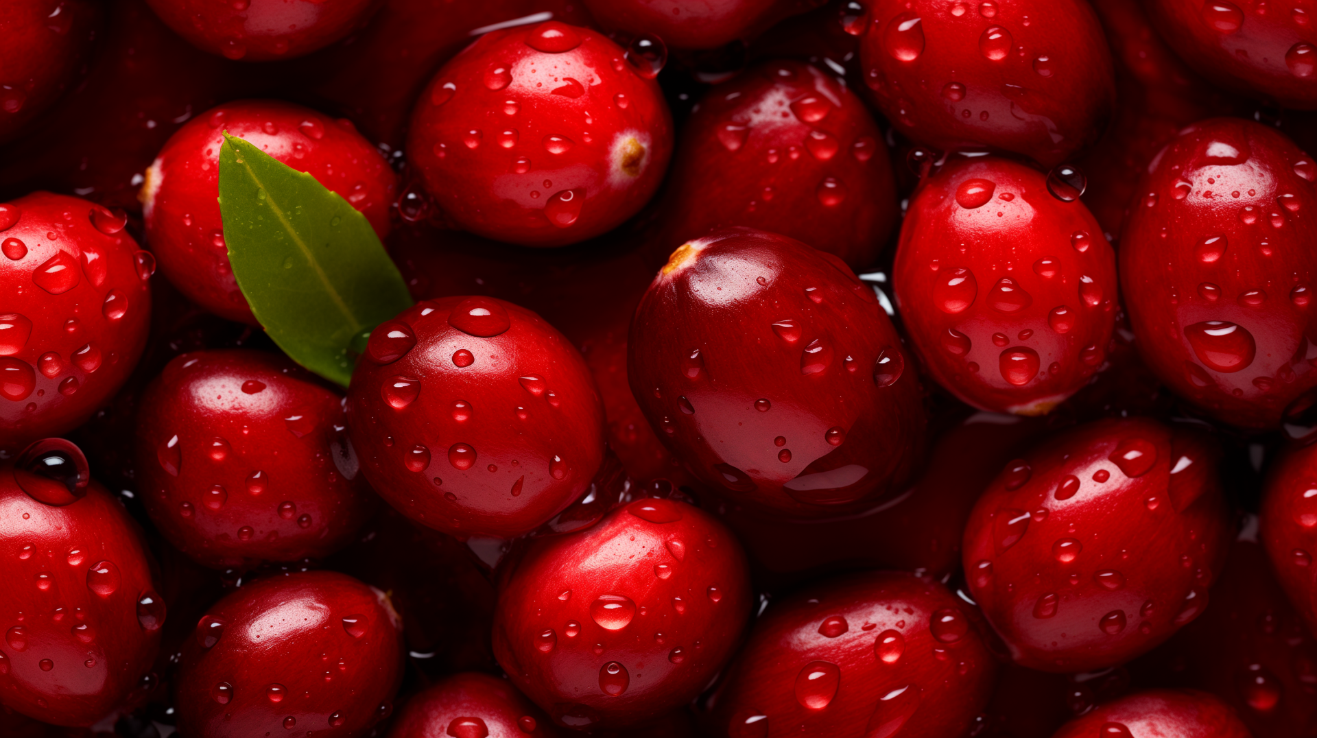 A vibrant close-up of fresh cranberries with droplets of water and a green leaf, creating a rich and colorful HD desktop wallpaper background.