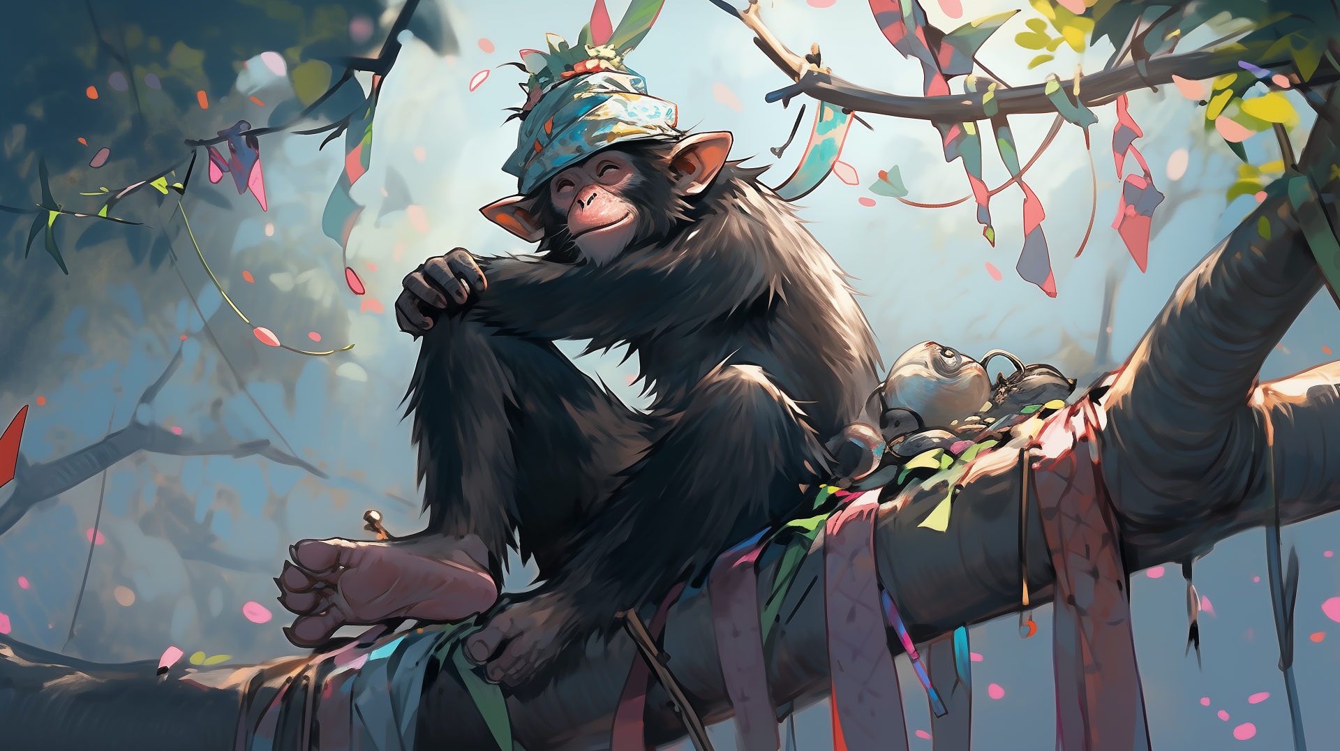 HD desktop wallpaper featuring an artistic rendition of a smiling monkey with a hat, relaxing on a tree branch.