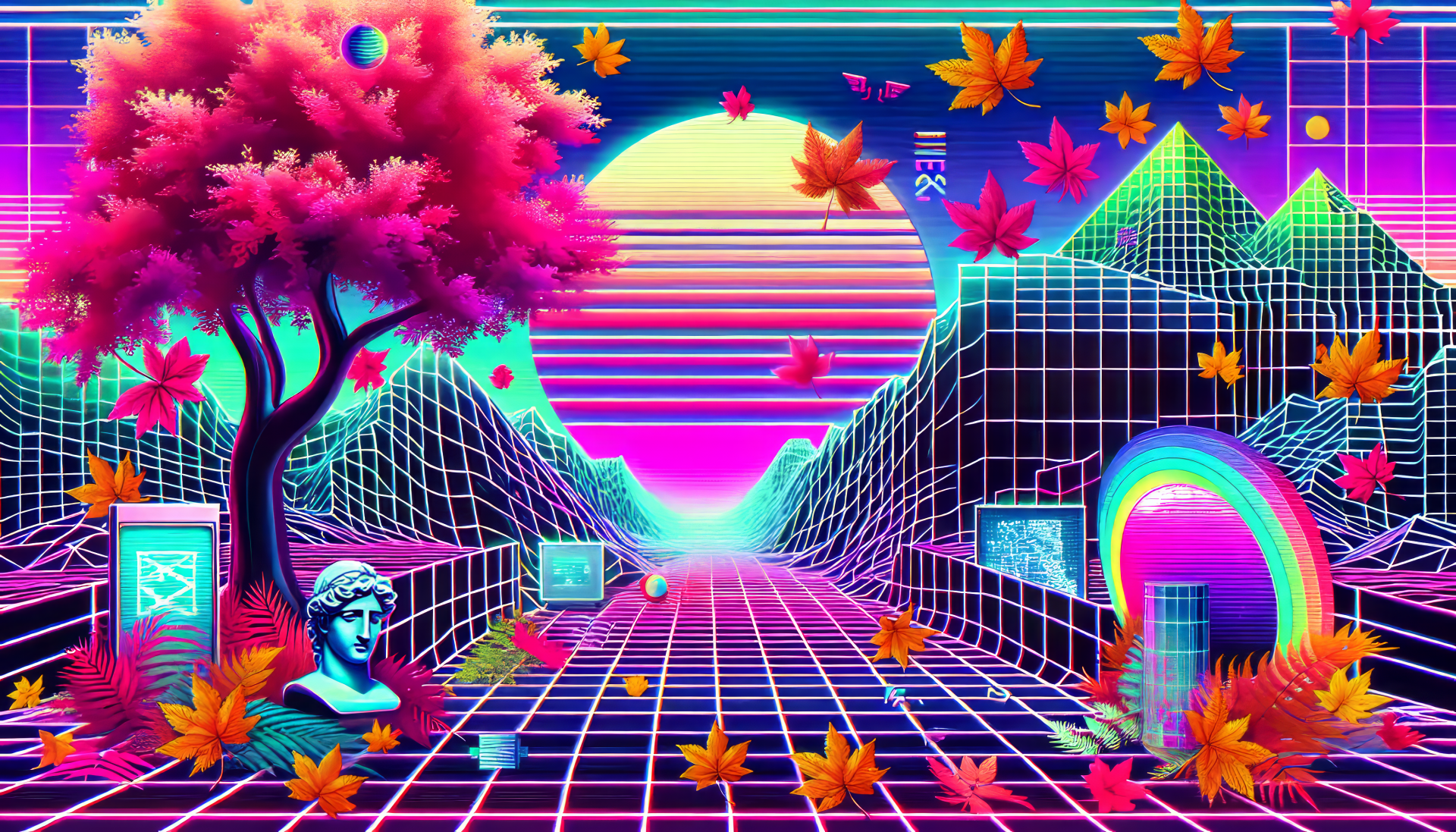 HD desktop wallpaper featuring vibrant fall leaves in a neon cyberpunk landscape with a retro sunset, mountain silhouettes, and Greek statue.