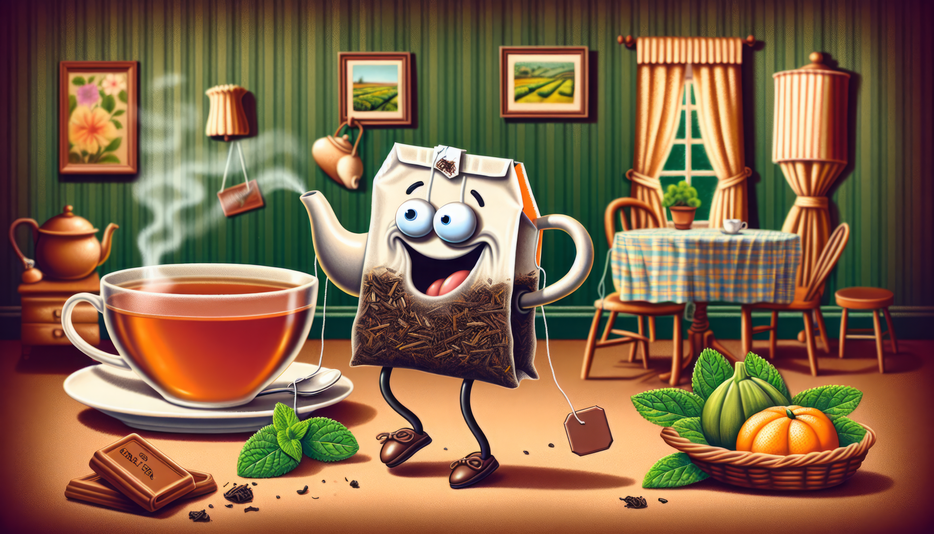 HD wallpaper featuring an animated Earl Grey tea bag character pouring tea into a cup, surrounded by fresh mint, chocolate, and fruit in a cozy kitchen setting.