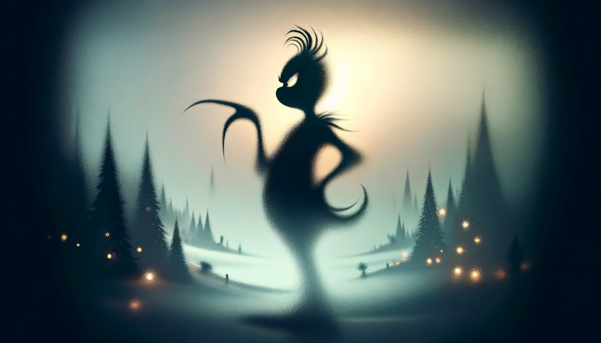 HD desktop wallpaper featuring the silhouette of The Grinch with a whimsical forest background.
