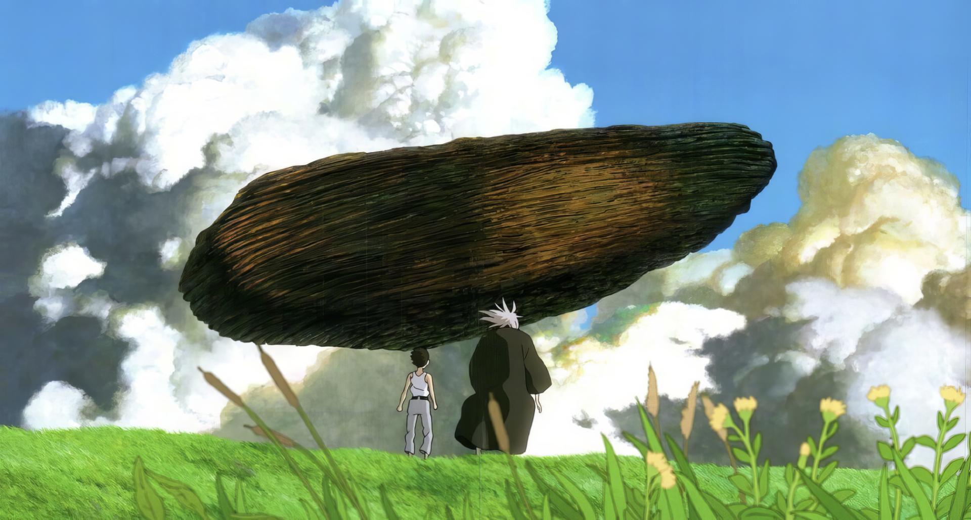 HD wallpaper featuring a scene from Studio Ghibli's 'The Boy and the Heron' with a boy and a creature standing under a massive tree, set against a backdrop of blue sky and fluffy clouds.