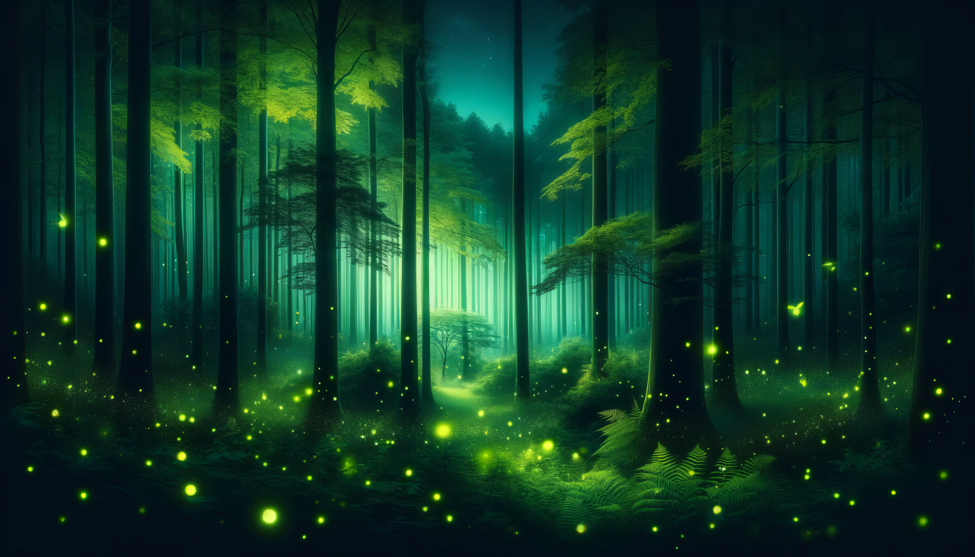 HD desktop wallpaper of a mystical forest illuminated by the soft glow of fireflies at night.