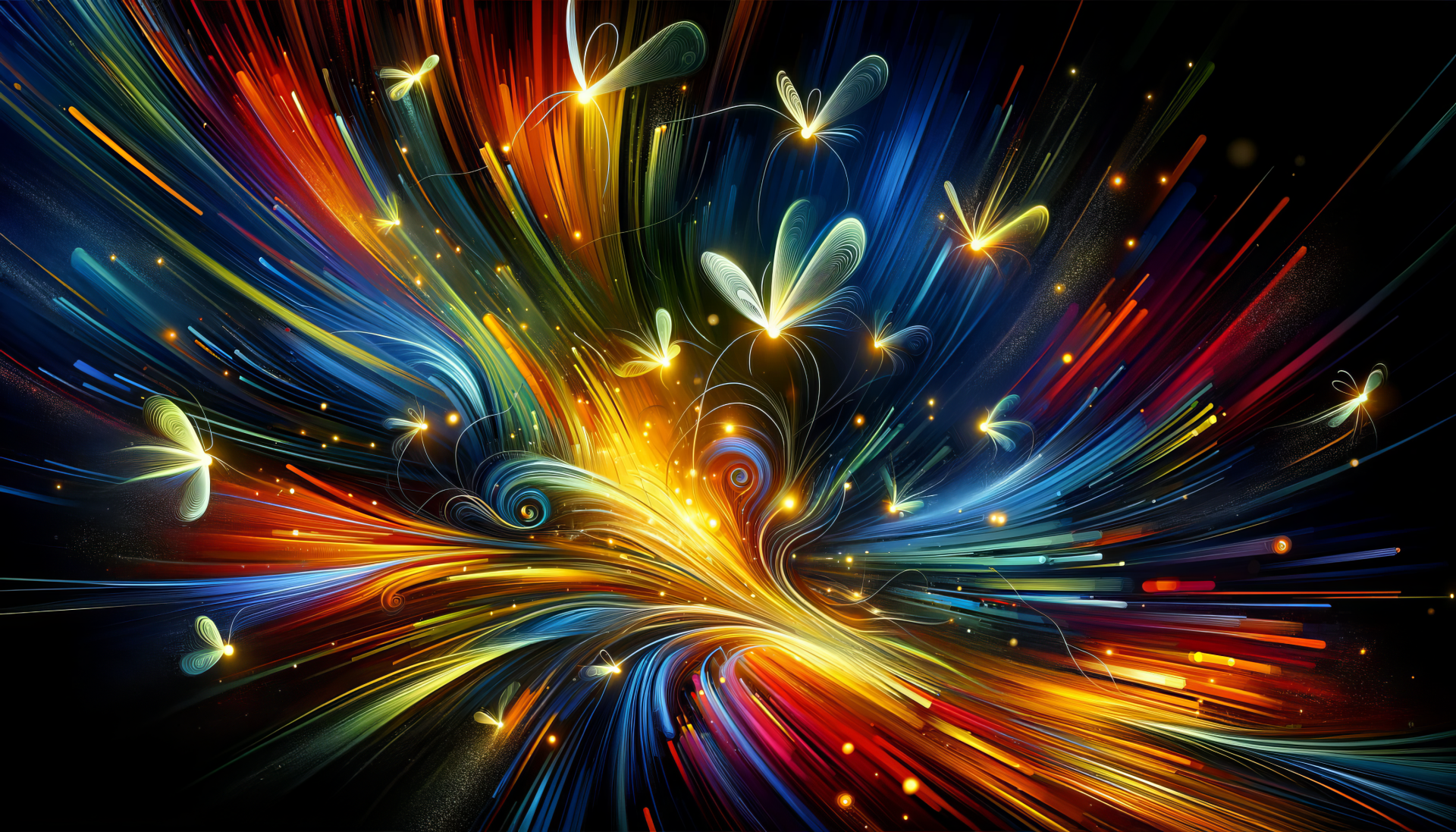 Vibrant HD wallpaper featuring a whimsical firefly-inspired abstract design with bursts of colorful streaks and illuminated insects.