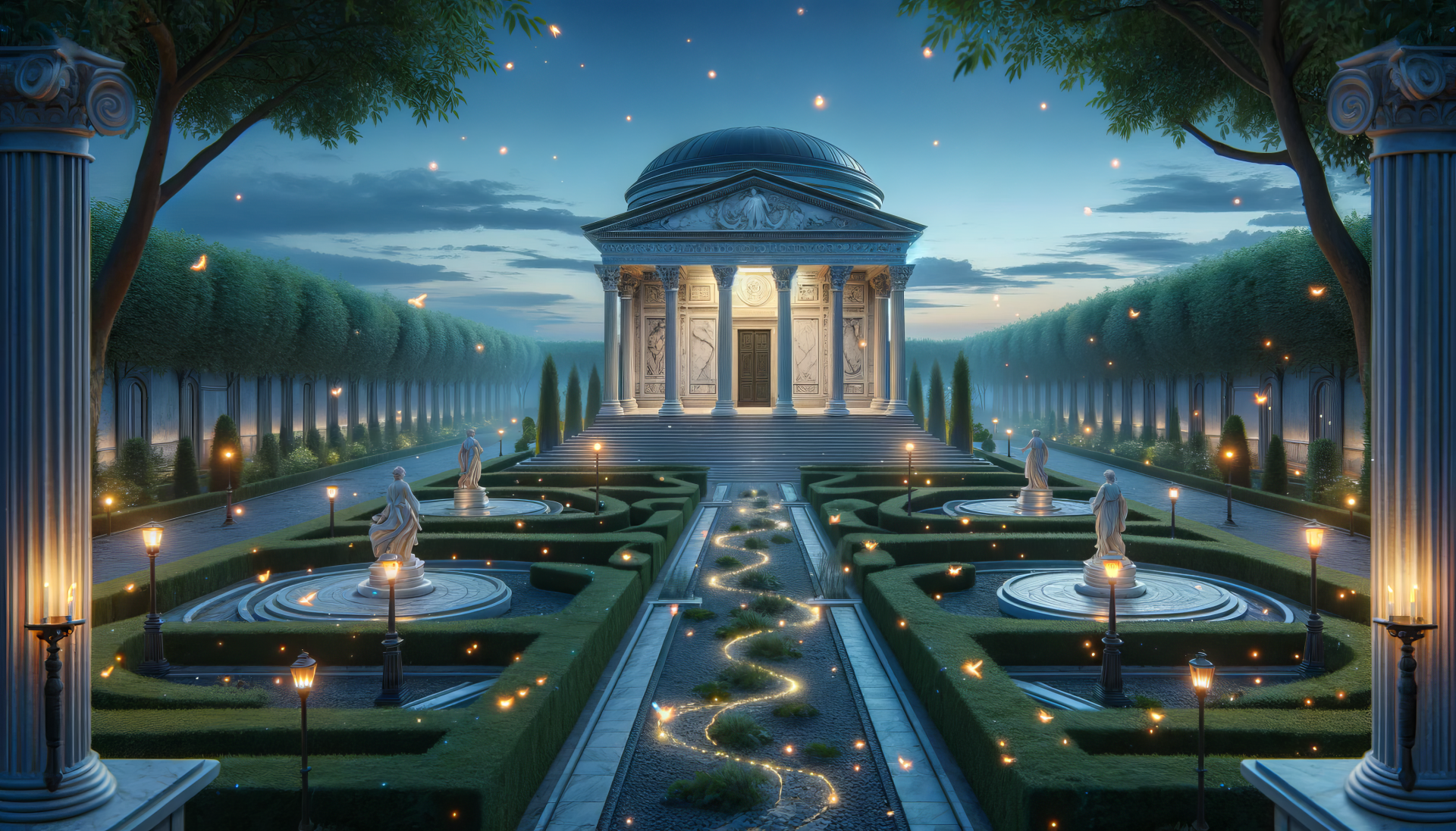 HD desktop wallpaper featuring an enchanting garden with a classical pavilion and fireflies illuminating the twilight scene.