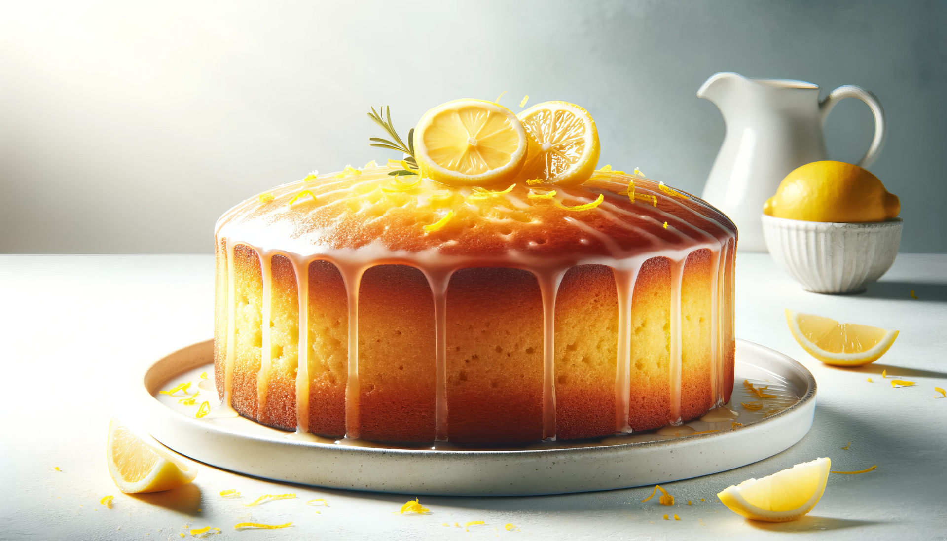 A beautifully styled lemon drizzle cake topped with lemon slices and zest, set against a soft background. This HD image makes a vibrant desktop wallpaper.