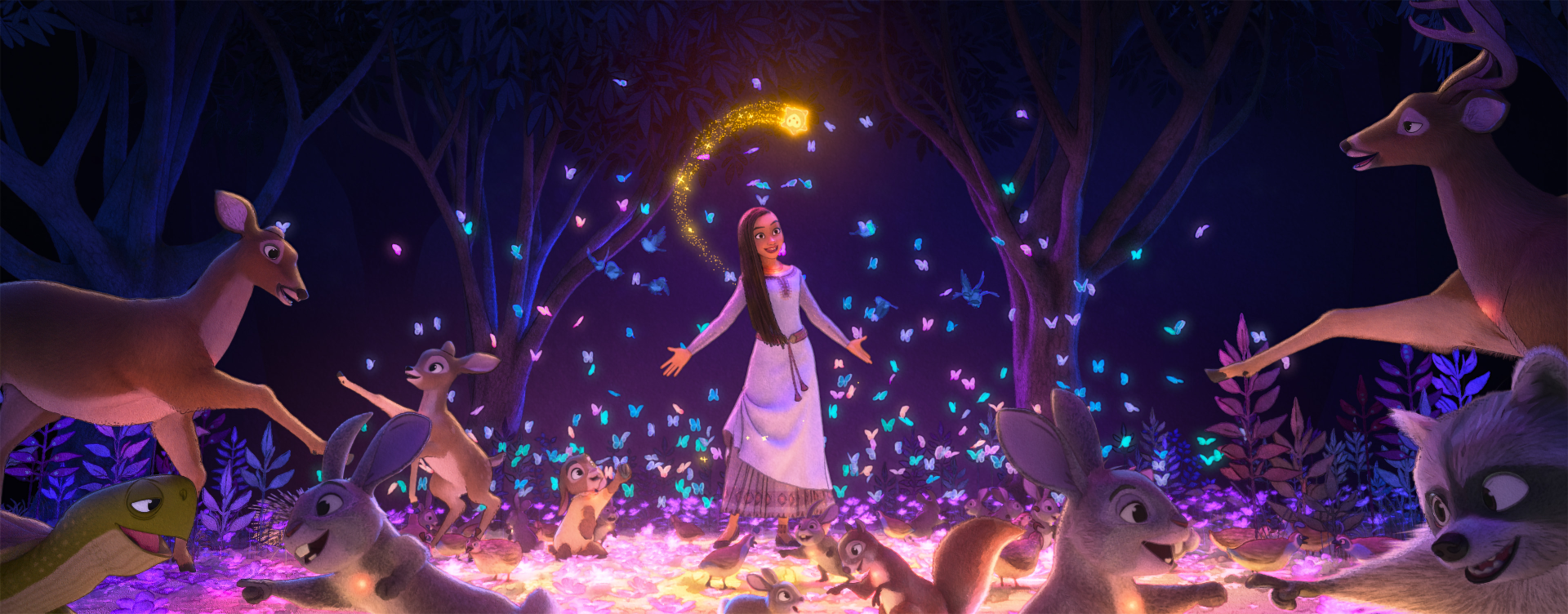 A vibrant HD wallpaper from the movie Wish (2023), featuring a young woman surrounded by whimsical animals and magical butterflies in a colorful enchanted forest.