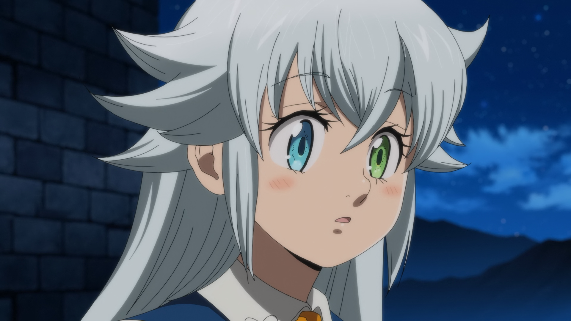 HD wallpaper featuring a close-up of an animated character from The Seven Deadly Sins: Grudge of Edinburgh with white hair and expressive blue eyes against a night backdrop.