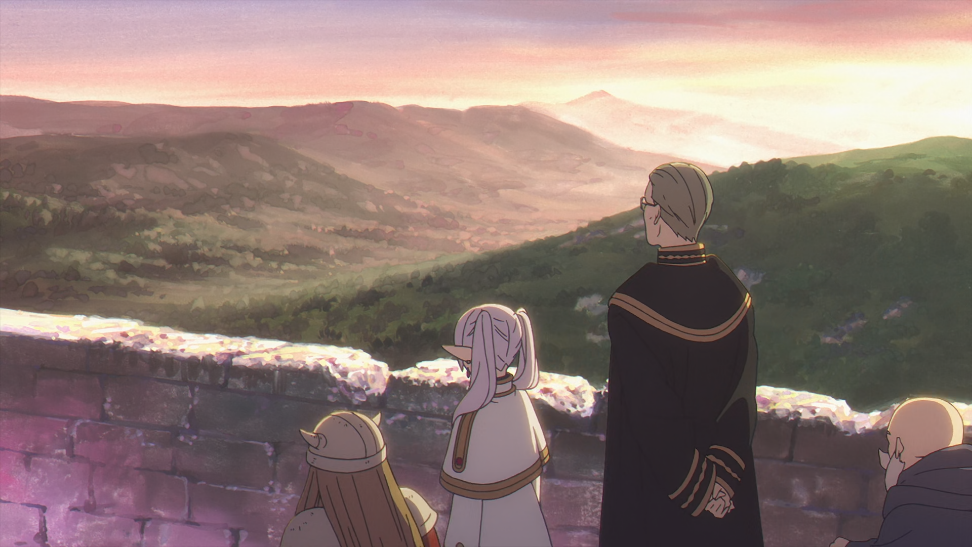 HD PC desktop wallpaper from the anime Frieren: Beyond Journey's End, featuring characters overlooking a scenic valley at sunset.