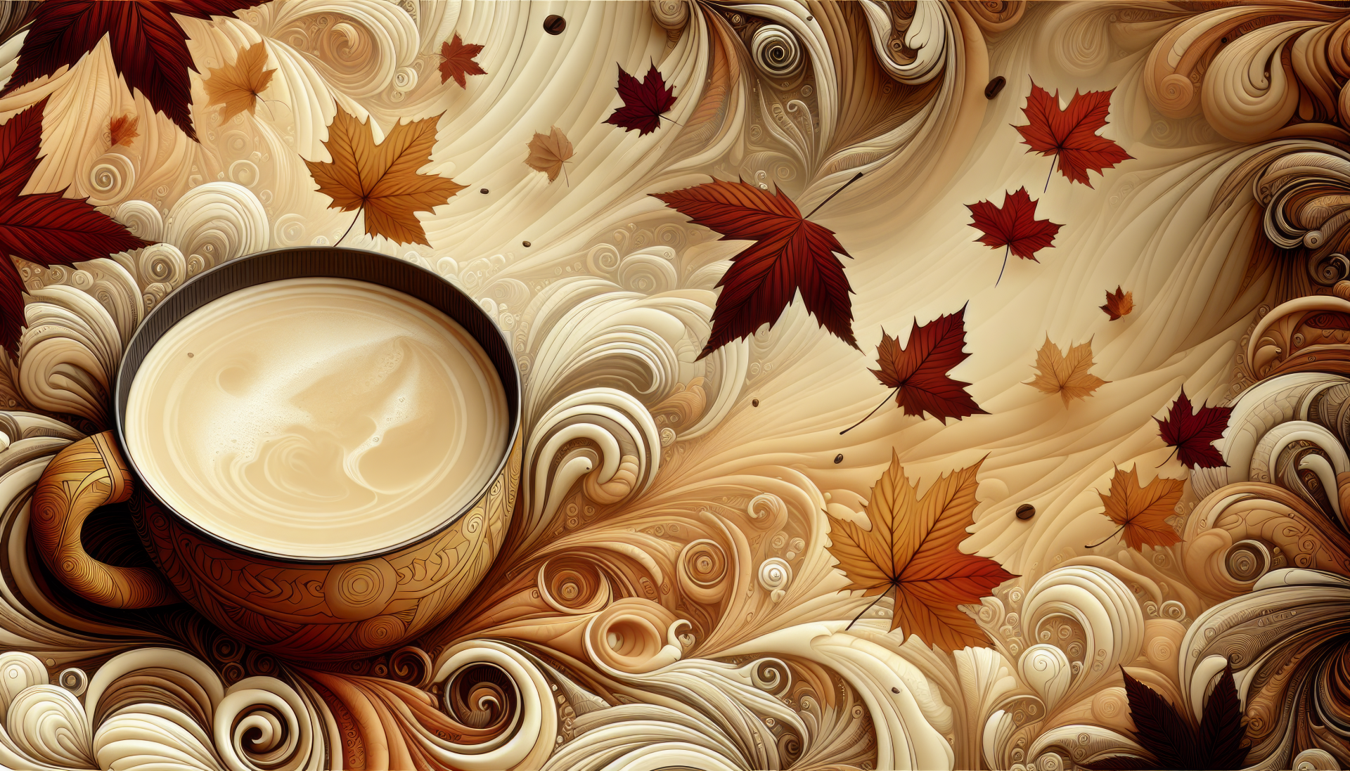 HD desktop wallpaper featuring a stylized illustration of a cup of coffee surrounded by swirling fall leaves patterns.