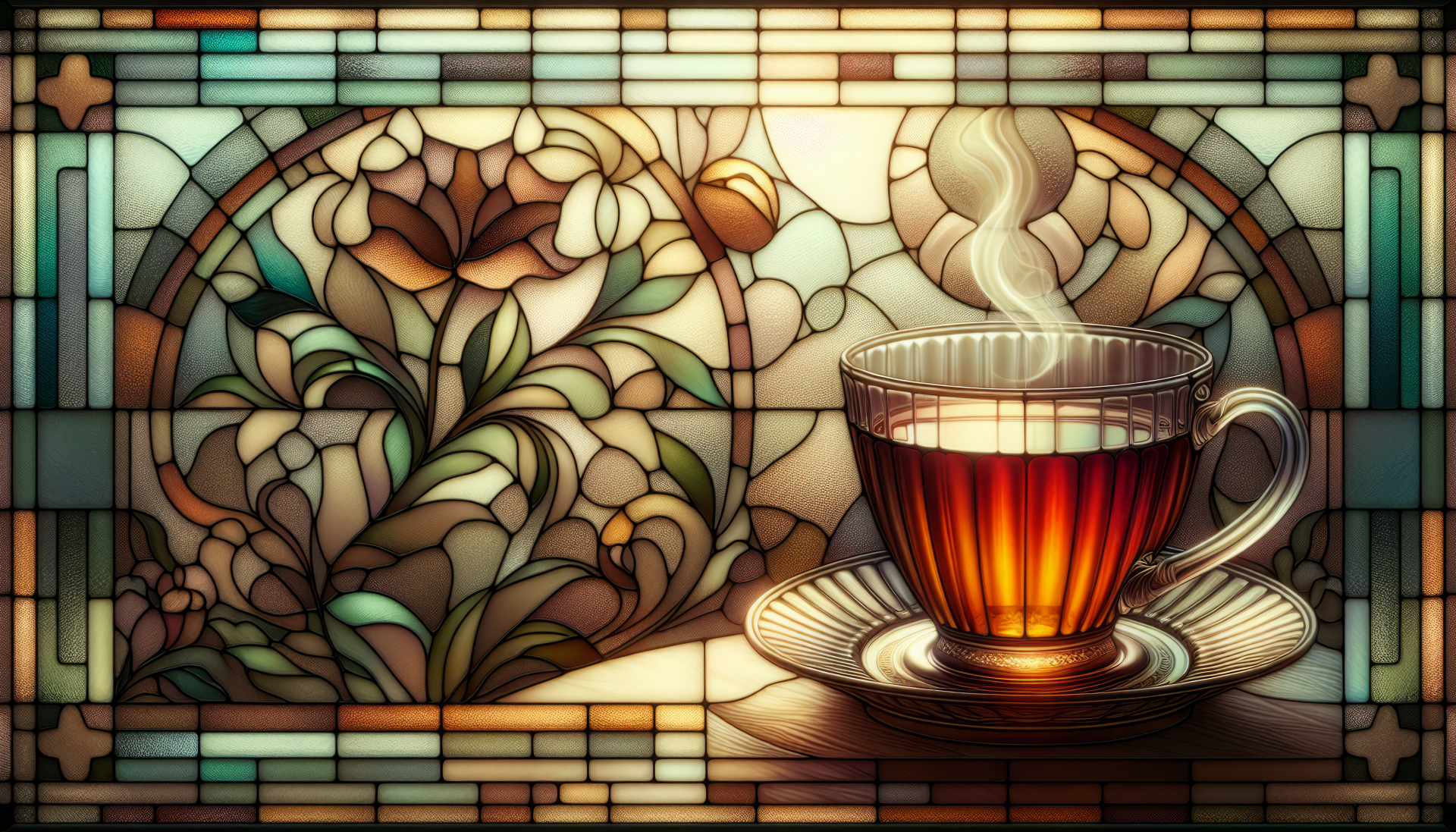 HD wallpaper of a steaming cup of Earl Grey tea in front of a stained glass floral background.