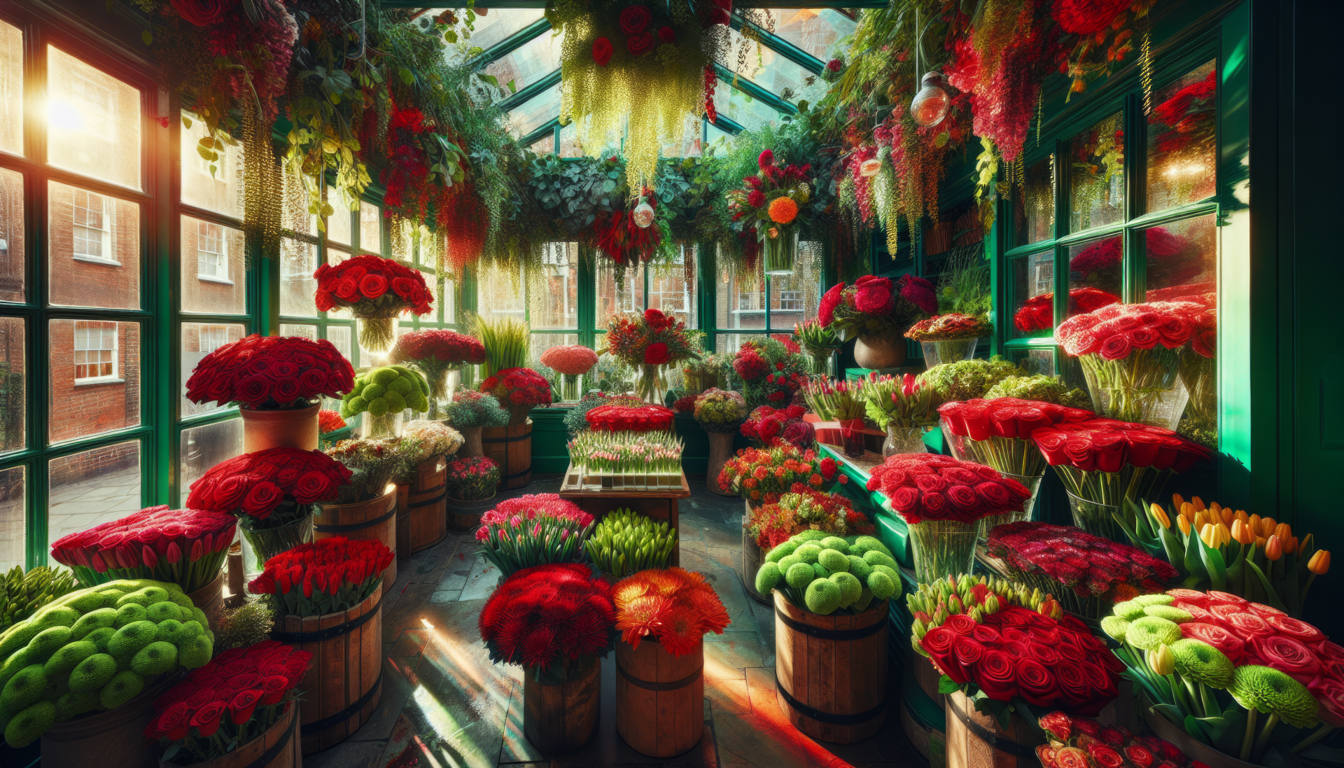 HD wallpaper featuring a vibrant flower shop interior with an array of colorful flowers and hanging plants.