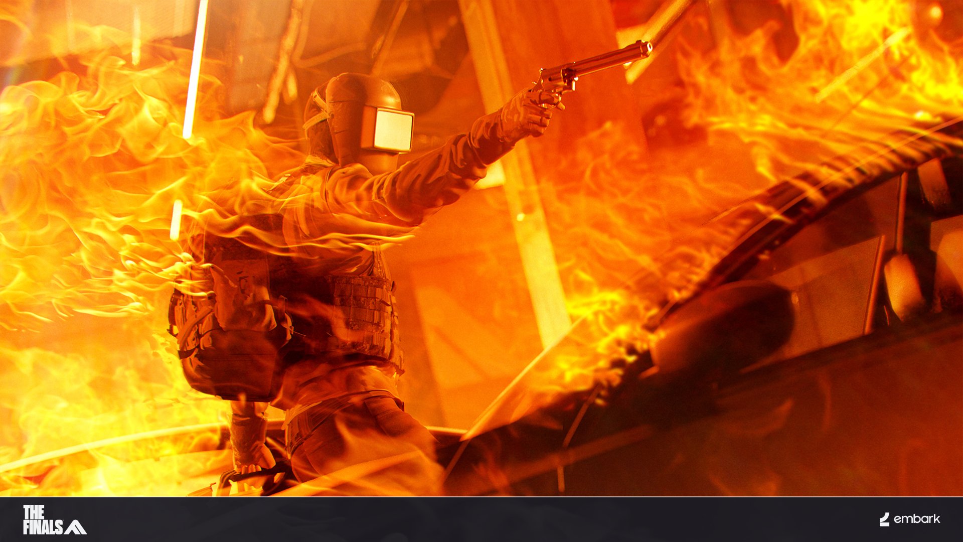 HD desktop wallpaper featuring a dynamic action scene from the video game 'The Finals' with intense fiery explosion effects in the background.