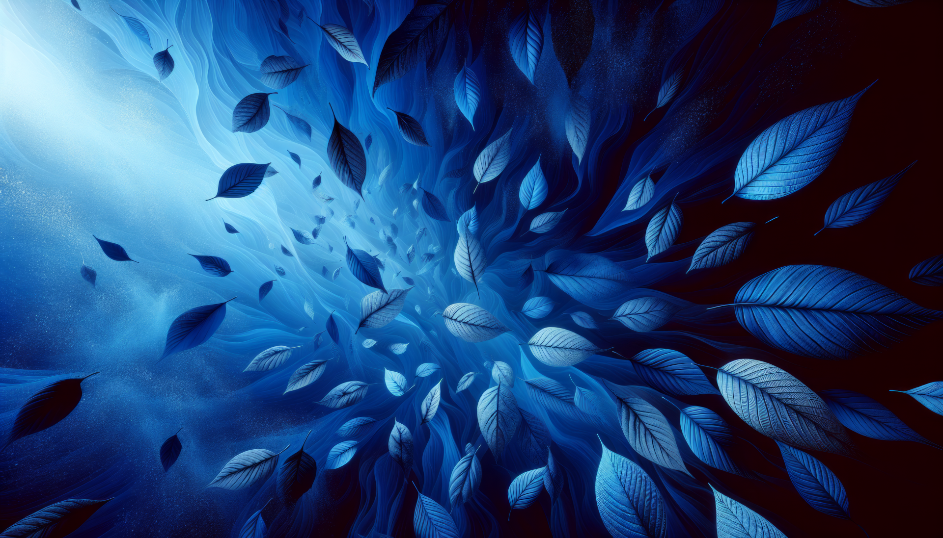 HD desktop wallpaper featuring a dynamic swirl of blue leaves, conveying a sense of falling foliage against a deep blue background.