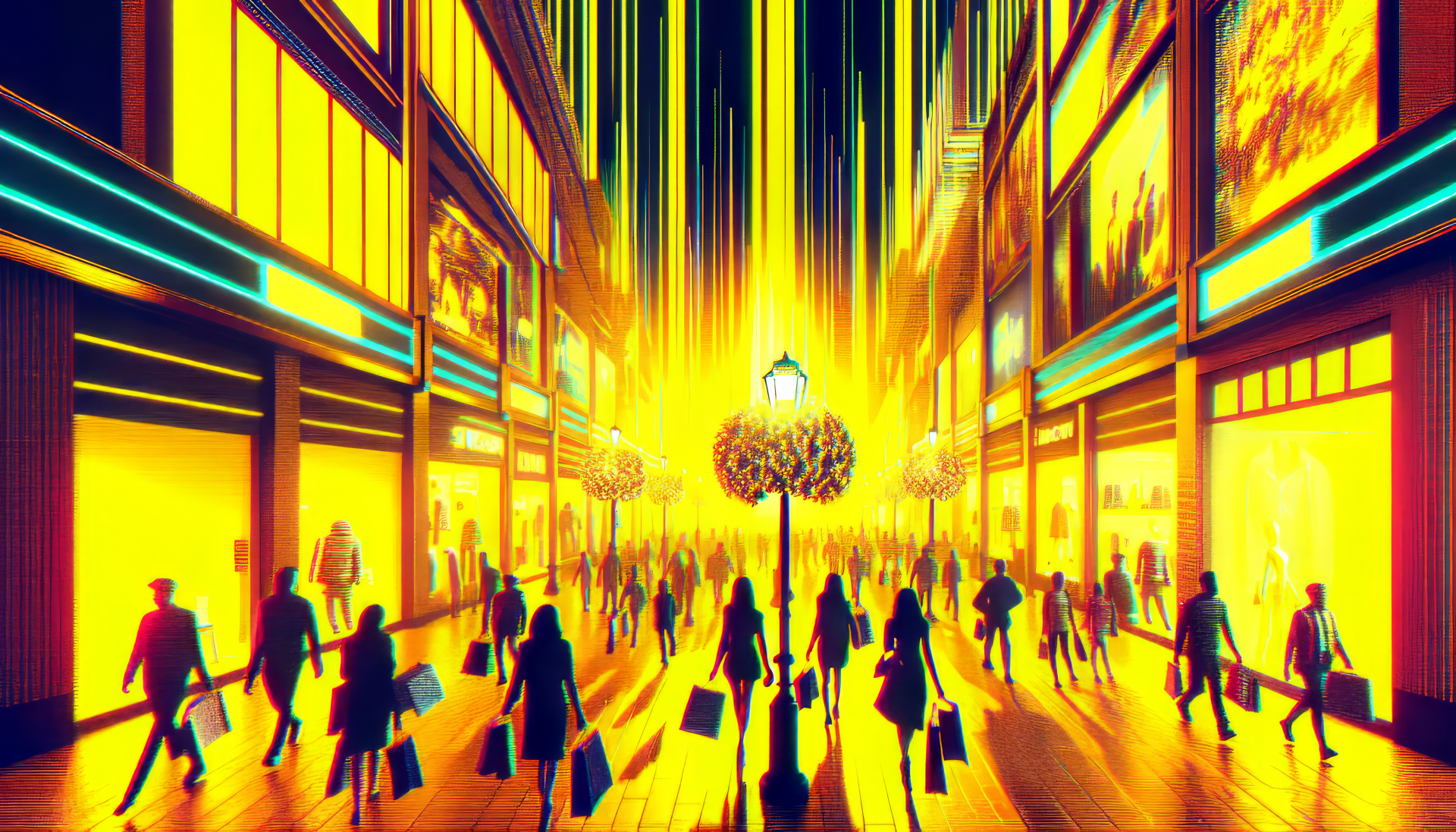 A vibrant HD desktop wallpaper depicting a bustling street filled with shoppers on Black Friday, illuminated by bright yellow lights and dynamic visuals.